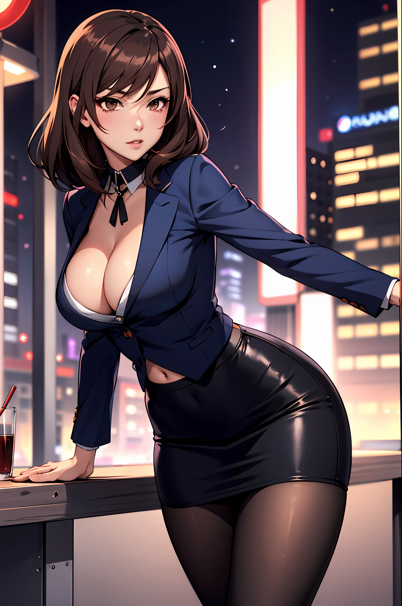 Bewitching anime busty woman in blue suit and tight skirt、Black tights、Inviting look、black top and brown hair,,,Ecchi anime style,  Lean forward to show your chest,Kamimei,Red Light District at Night,neons、Career Woman