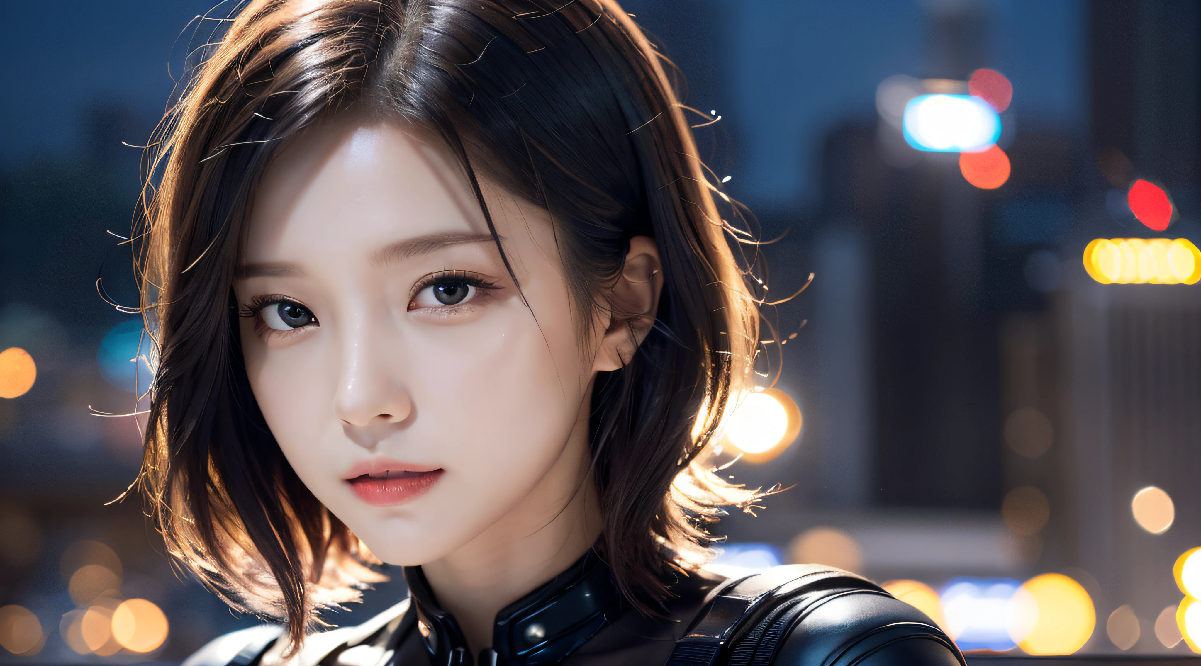 （8K，RAW photos，超高分辨率，best qualtiy，tmasterpiece：1.2），（photorealistic illustration），（Extremely detailed CG unifies 8K, 8K, Diamond, and Wallpaper），absurderes， 1个Giant Breast Girl，Marvel，beauitful face，Black Widow，short detailed hair，Whole body diagram，nigth，Rooftop，salama，Bokeh background