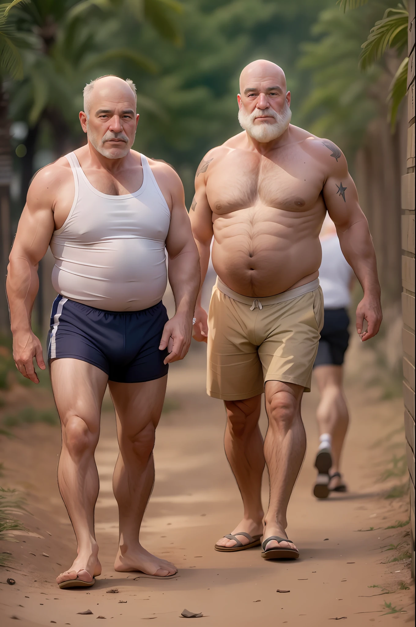 Best quality, crown, male (66-year-old Brazilian beefy grandfather: 1.5), (bald: 1.1), (white beard: 1.5), (wrinkled skin: 1.5), triglycerides, plump, large, hairpins, wearing a jockstrap, outdoors, twilight