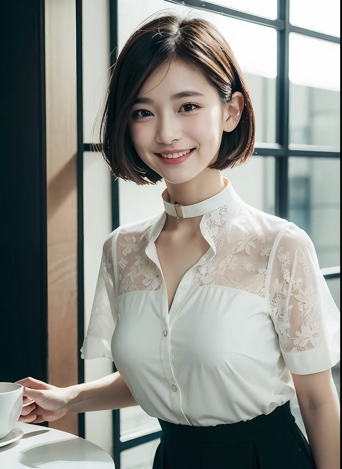 in 8K、top-quality、masterpiece:1.2)、(realisitic、Photorealsitic:1.37)、ultra-detailliert、女の子 1 人、cute little、Soio、Beautiful detailed sky、Detailed Cafe、sitting on、date、(Nasal blush)、 (A smile:1.15),(Closed),((((huge tit)))),Beautiful fineness,(shirt with collar:1.1),Wet,Business Wear,Sateen,White lace,(short-hair:1.2),Floating Hair NovaFrogStyle,