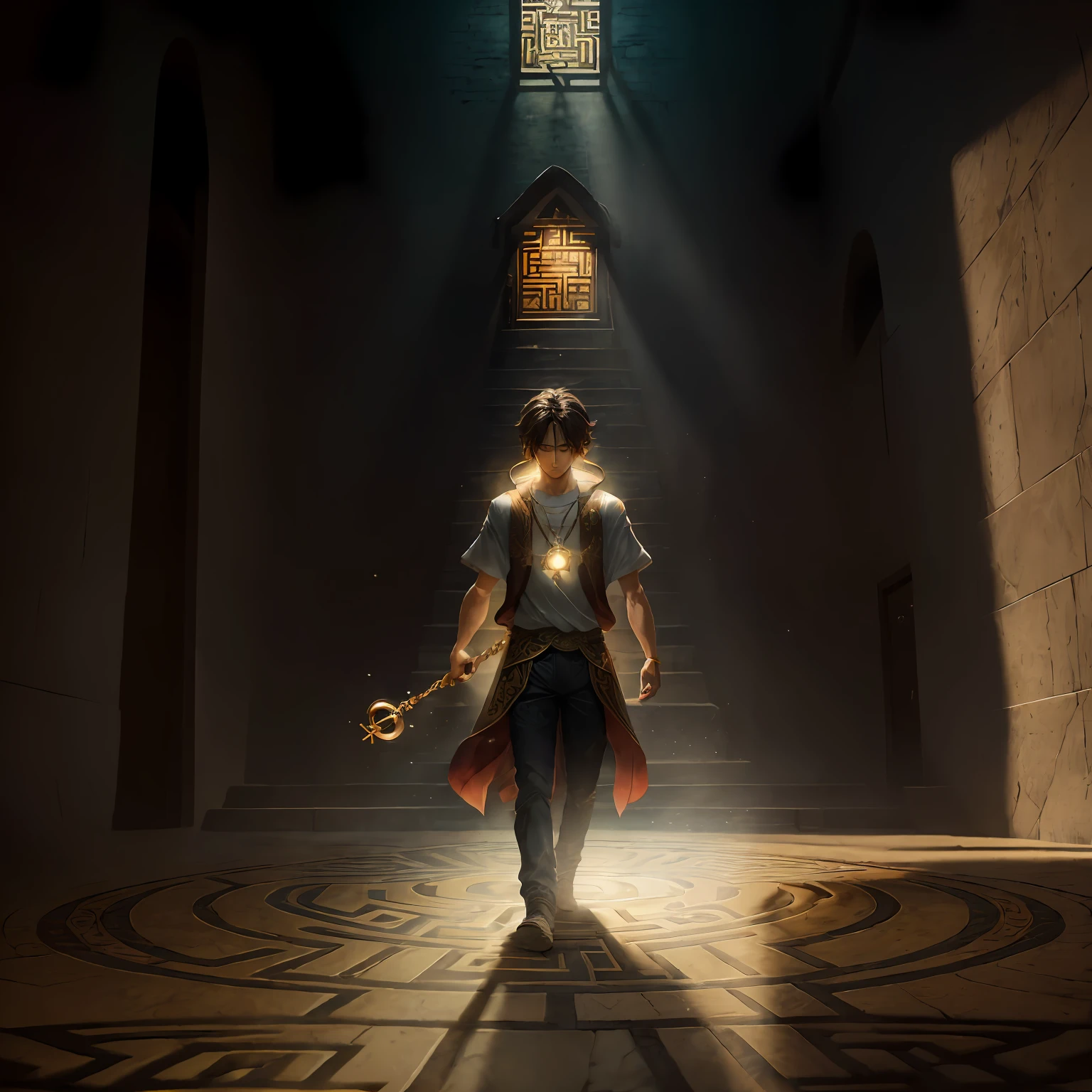 (8k, 4k, melhor qualidade, highres, ultra alta res:1.1), (obra-prima, realista, foto-realista:1.1),Draw an illustration inspired by the story of Li, the young man whose heart was imprisoned by constant worry. Depict Li as a character with a youthful and concerned appearance, with tense facial expressions and eyes full of restlessness. Around him, create an intricate labyrinth, symbolizing the anxious thoughts that imprison him. In the center of the labyrinth, highlight a shining key, representing the key to Li's inner freedom. As Li bravely advances through the labyrinth, showing determination on his face, you can add rays of light radiating from the point where the key is located, symbolizing hope and the promise of a calm and serene mind. --auto