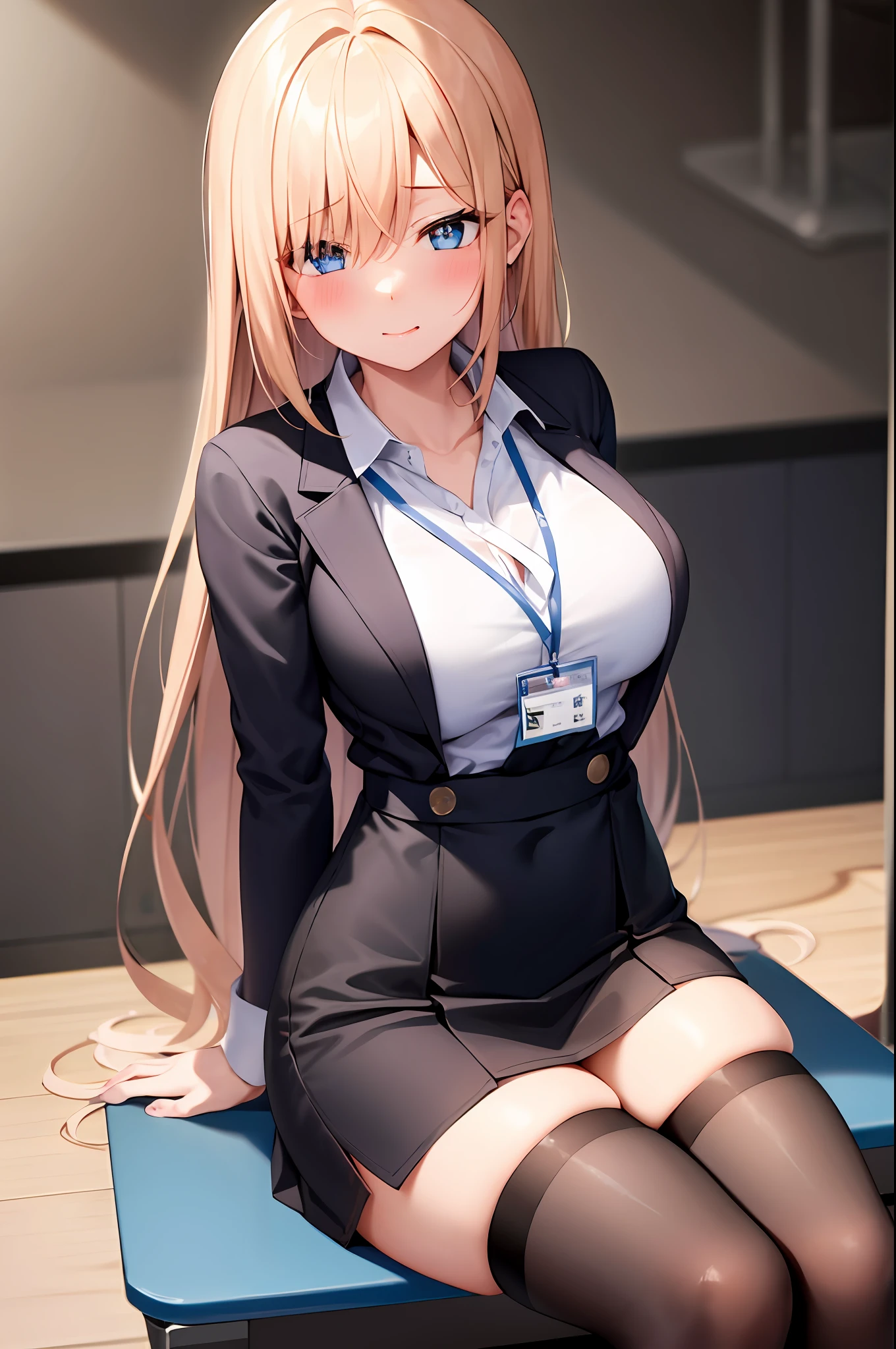 1girl in, 独奏, ((white shirt)), black thighhighs, breastsout, cleavage of the breast, 校服, office backdrop, a black skirt, pleatedskirt, s Office, hair between eye, Blue eyes, flower pupils, Medium chest, length hair, Look at viewers, a blond, Pink short nails, 独奏, thighs thighs thighs thighs, thighs thighs thighs thighs, Very long hair, ((masterpiece)), sitting on, a chair, desk work, Computer on desk, nametag, ID Tags, in a house, red blush, sexy pose