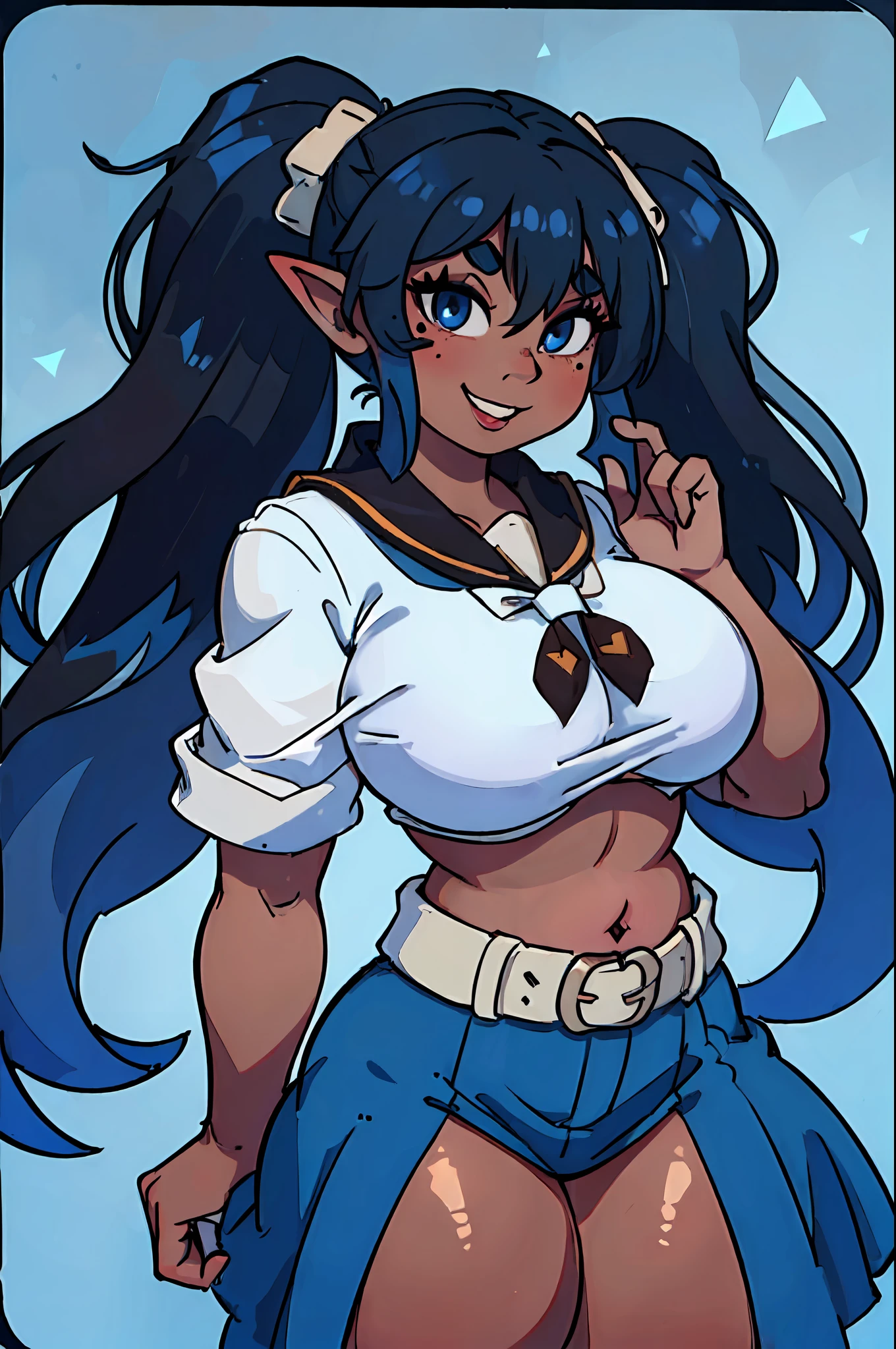 (dark skinned:1.8), goblin, goblin girl, blue hair, very long hair, dark_ skin, very_dark_skin, dark skin goblin, dark-skinned girl, wide body, small stature, very chubby, cute goblin, (huge breast:1.4), very large breast, hair between eyes, twintails, chubby, chubby girl goblin, wide hips, blue eyes, mole, mole on chest, age up, lips, big lips, big noise, thick eyebrows, body with fur, short girl, twintails, (thick:2.1), musician, smile, sailor clothes, dress, long skirt