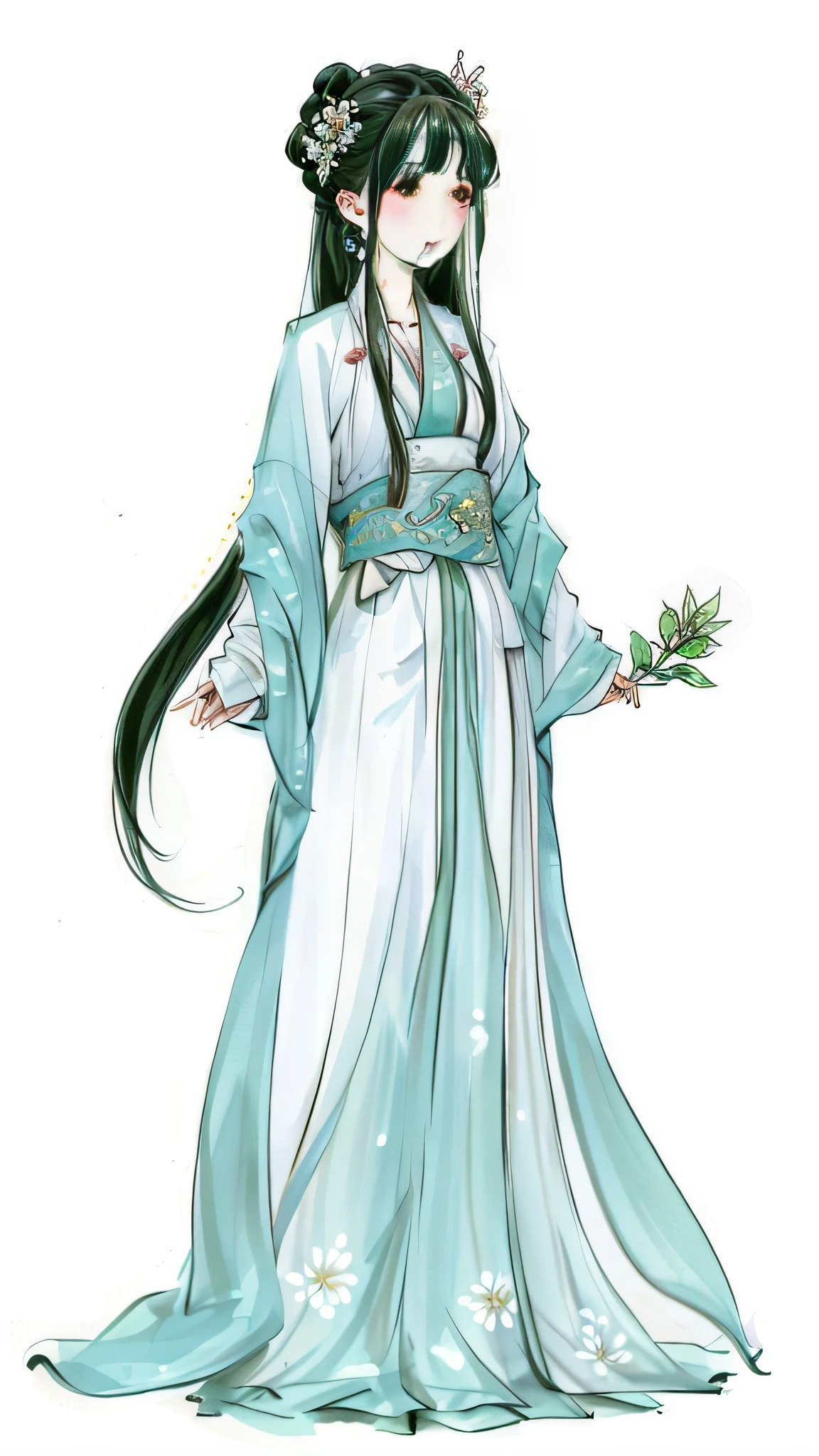 A woman in a green and white dress holds a flower, full-body xianxia, heise jinyao, flowing hair and long robes, Princesa chinesa antiga, Palace ， A girl in Hanfu, White Hanfu, heise-lian yan fang, inspired by Ju Lian, full-body wuxia, ((a beautiful fantasy empress)), Wearing ancient Chinese clothes