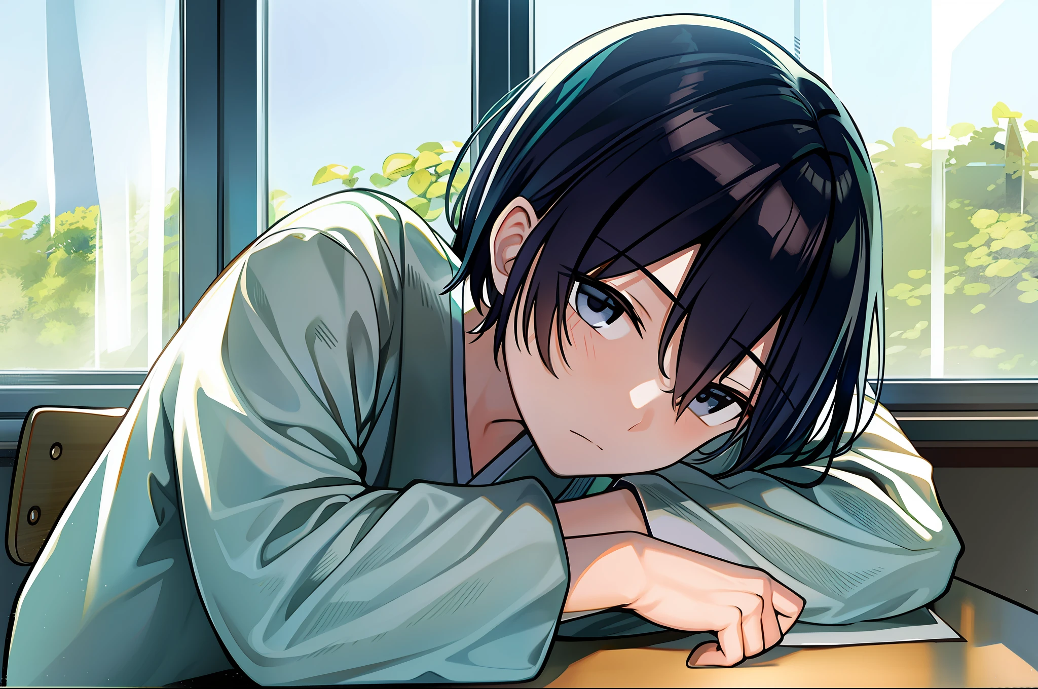 An introverted, melancholic, handsome Japanese anime male protagonist, , Has black hair and black eyes，largeeyes，The shape with empty eyes is very stylish。He wears a black school uniform, Sit in a window seat in the penultimate row of the classroom, Sideways against the wall。His left hand supported his chin, The right hand rests lazily on the table。His gaze was fixed on the green grass and blue sky outside，There are trees outside the window。The classroom is a Japanese-style wooden classroom，Full of detail and light and shadow effects，Atmospheric Arts。