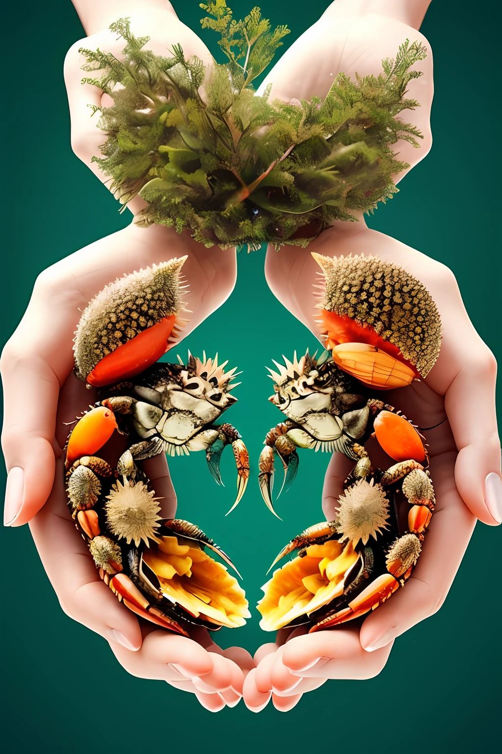 Create an image in Bing based on the following characteristics:

- Mascote: Um caranguejo em pose determinada, with raised claws and minute details on its carapace.

- Elementos natureza: Stylized trees on both sides of the crab, symbolizing strength, longevidade e estabilidade.

- Conchas: Shells carefully placed above the crab and trees, conveying a sense of harmony and balance.

- Cores: Utilize tons vivos e terrosos, com o caranguejo em tons de laranja e vermelho, the trees with leaves in different shades of green and the shells adorned with soft tones such as pastel pink and pearly white.

- Formato: A imagem deve ter um formato ovalado, giving it a classic and elegant look.

- Detalhes: Inclua detalhes minuciosos, from the crab's claws to the ornaments on the shells.

- Simbolismo: Convey the symbolism of the strength and courage represented by the crab, the stability of nature symbolized by the trees and the harmony provided by the presence of the shells.

- Significado: Image must represent protection, connection with nature and be a constant reminder of the strength that can be found in challenging times.

Use your creativity to create a unique and intriguing image based on these characteristics.``