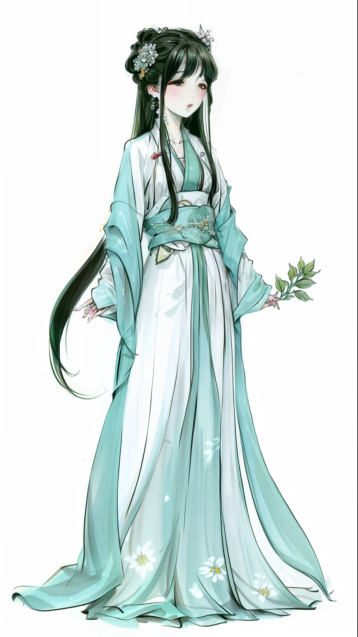 A woman in a green and white dress holds a flower, full-body xianxia, heise jinyao, flowing hair and long robes, Princesa chinesa antiga, Palace ， A girl in Hanfu, White Hanfu, heise-lian yan fang, inspired by Ju Lian, full-body wuxia, ((a beautiful fantasy empress)), Wearing ancient Chinese clothes