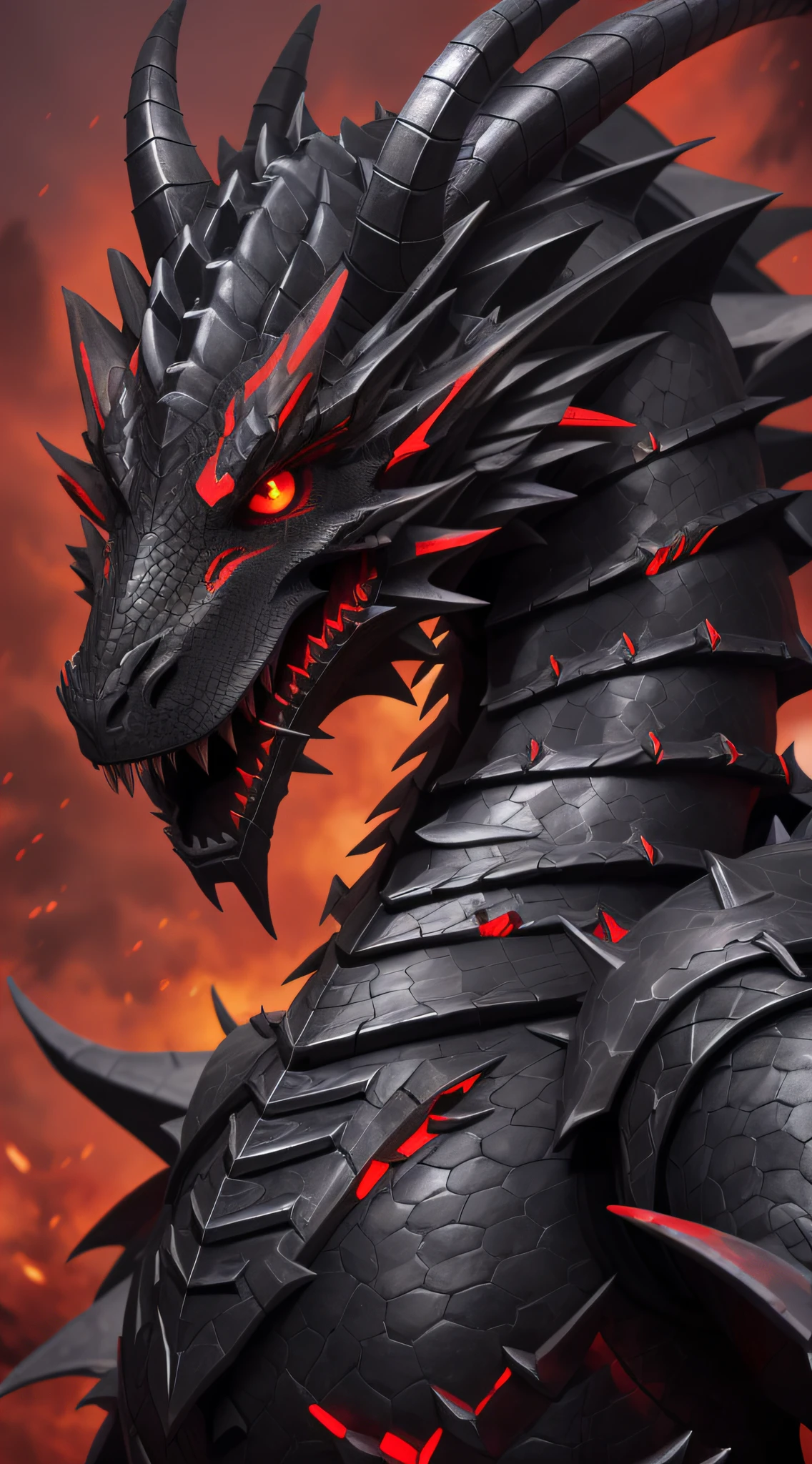 Demonic dragon with red eyes and sharp claws, Alduin, Portrait de dragon cyborg, Aile de la mort, Portrait de dragon, Colossal Dragon in the background, Dragon noir, Epic Dragon, by Adam Marczyński, Chevalier Dragon, dragon armor, Ancalagon le Noir, Portrait of a dragon, Dragon avec des cicatrices, Armor inspired by the demonic dragon