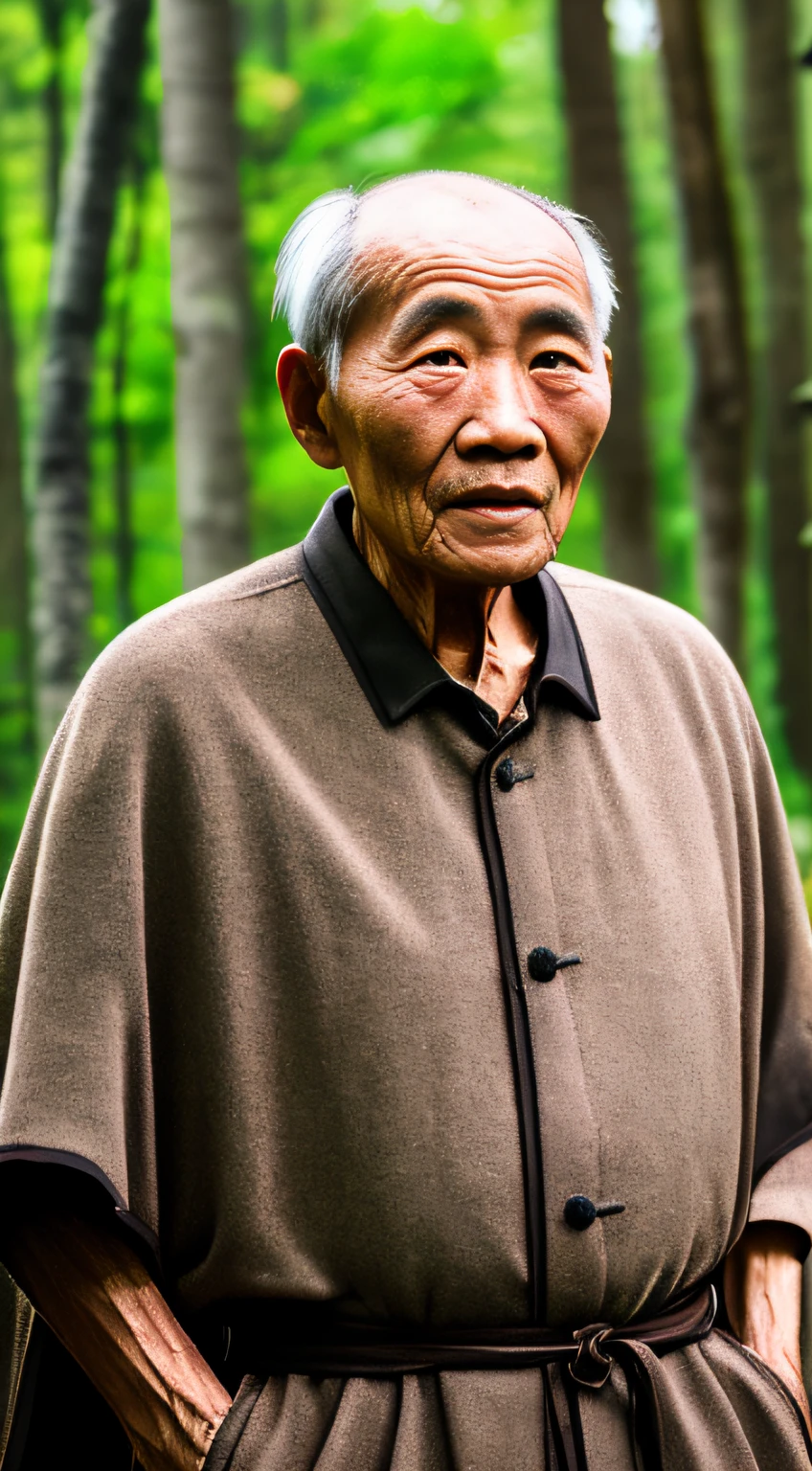Portrait photography style,A masterpiece of the world,Ultra-unique, highly professional digital art,Film format,Hyper-realistic,Color motion picture film photography with ultra-fine detail and quality,The background is deep in the forest,An elderly man in rural China,Wise old man。He wears an old cape,The eyes are kind and shrewd。He stood upright,His skin had been blackened and powerful by the sun and rain,Wrinkles are fixed on the corners of the mouth and forehead,It seems that his years have precipitated。Wearing a dark gown, although the appearance is simple,But it exudes sublime wisdom and a sense of tenacity of strength。