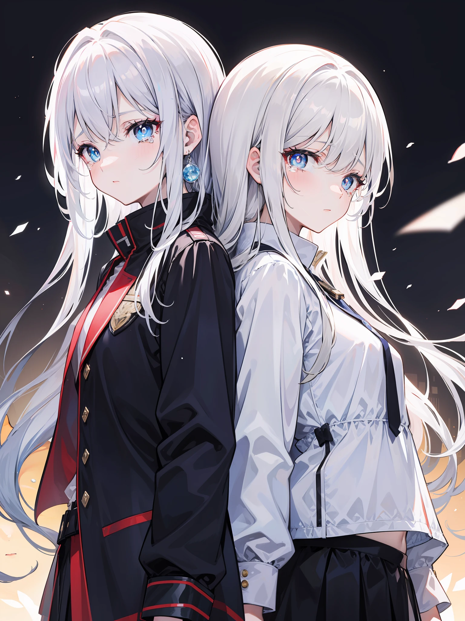 2girls，back-to-back，with a confused face，There were some tears on her face，One looks mature，the corners of your mouth rise slightly，There is a deep connection between the two，A long white hair，Blue pupil，Another long white hair，red pupils，Long jacket