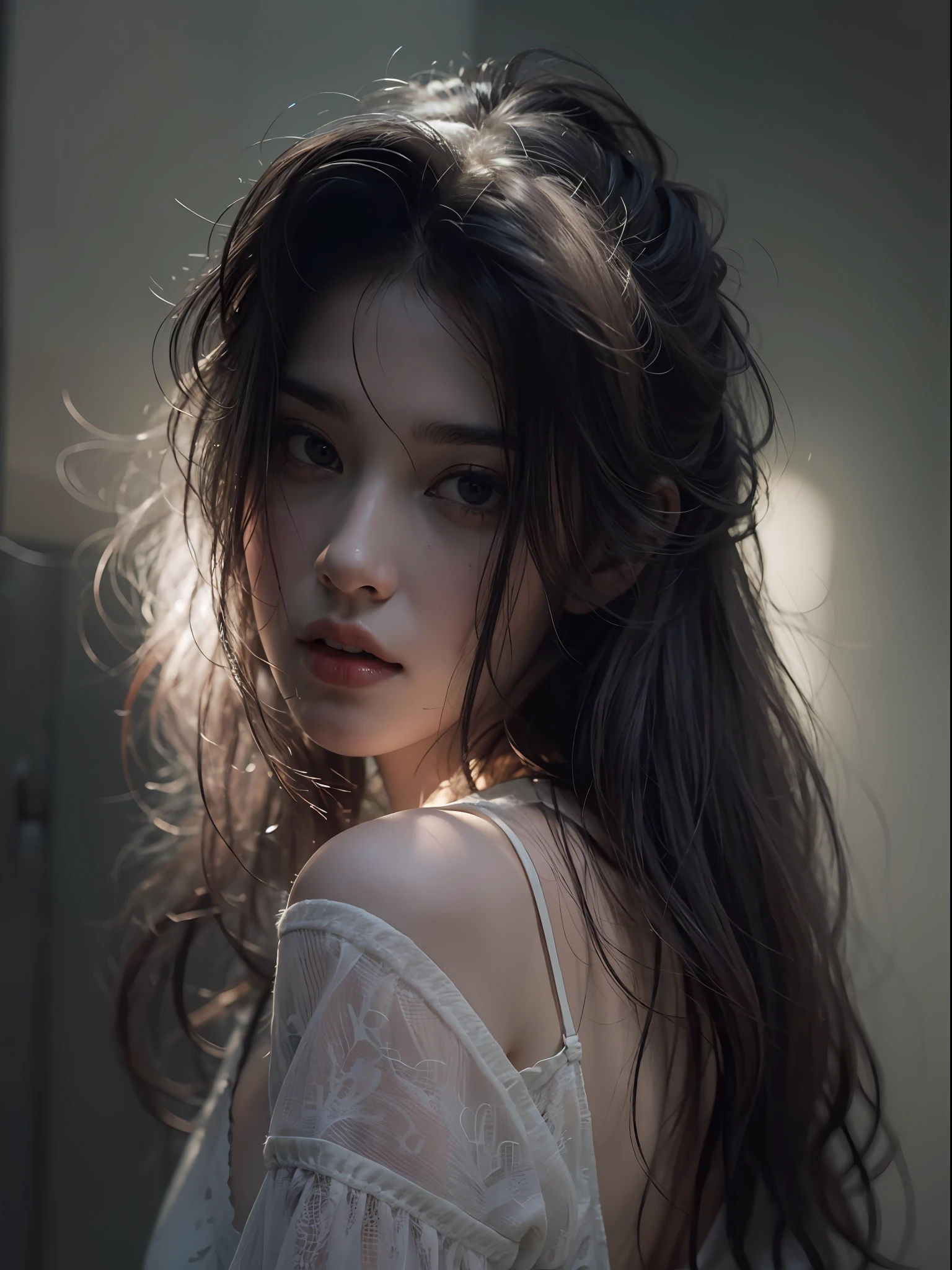 Best Quality, Masterpiece, Ultra High Resolution, (Realistic:1.5), Original photo, 1 girl, shoulders, In the dark, Deep shadow, Understated, Cold light, Sexy look, Long hair