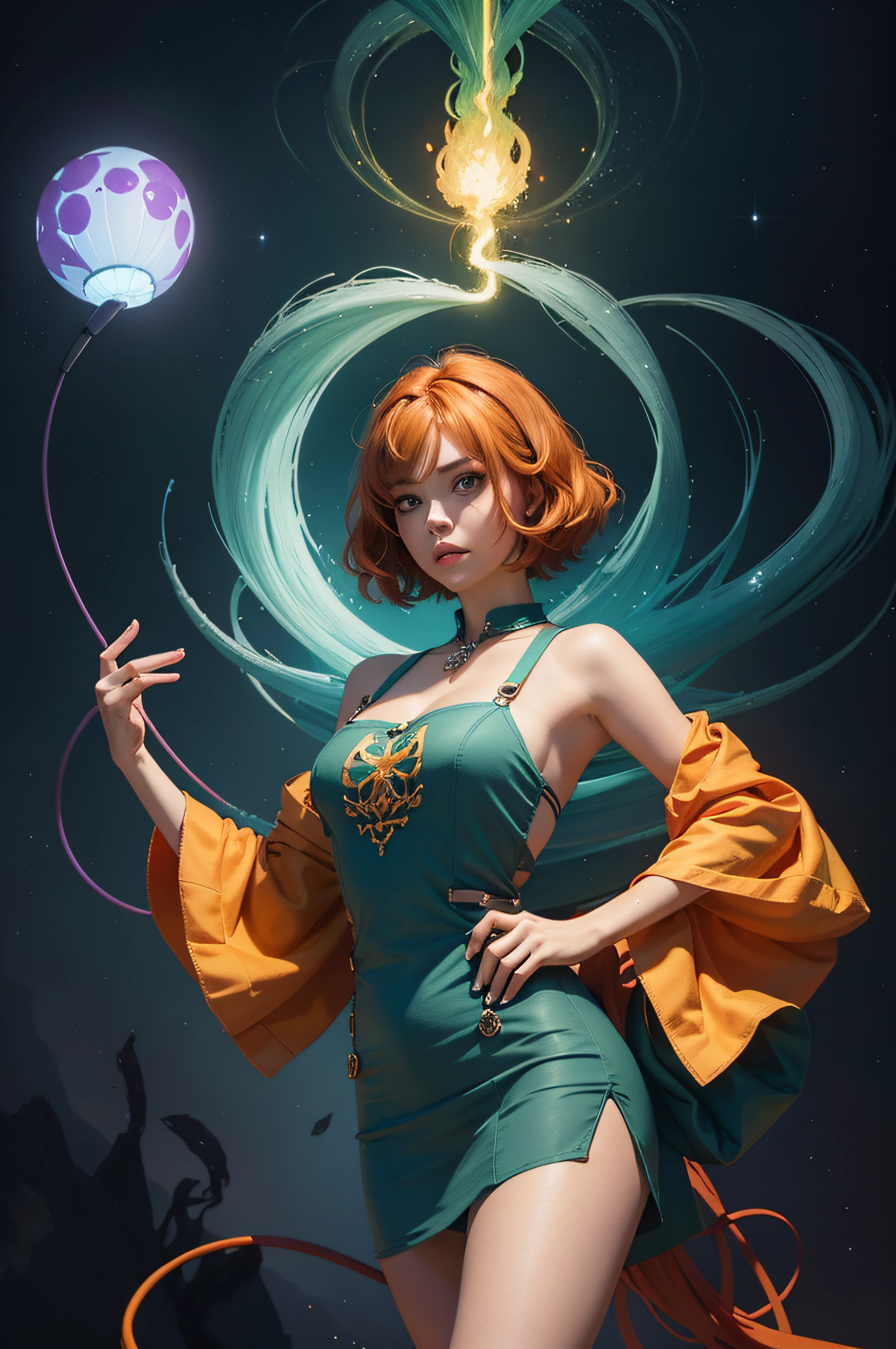 concept art, overhead angle of a Will-o'-the-wisp, wearing Funny Somali Emerald deep orange Pinafore, Caramel hair styled as Short hair, fluorescent purple Hair tie, equirectangular 360, Highres,  [(art by Willi Baumeister:1.1), (art by John T. Biggers:1.2)::17], official art, unity 8k wallpaper, ultra detailed, aesthetic, masterpiece, best quality, photorealistic