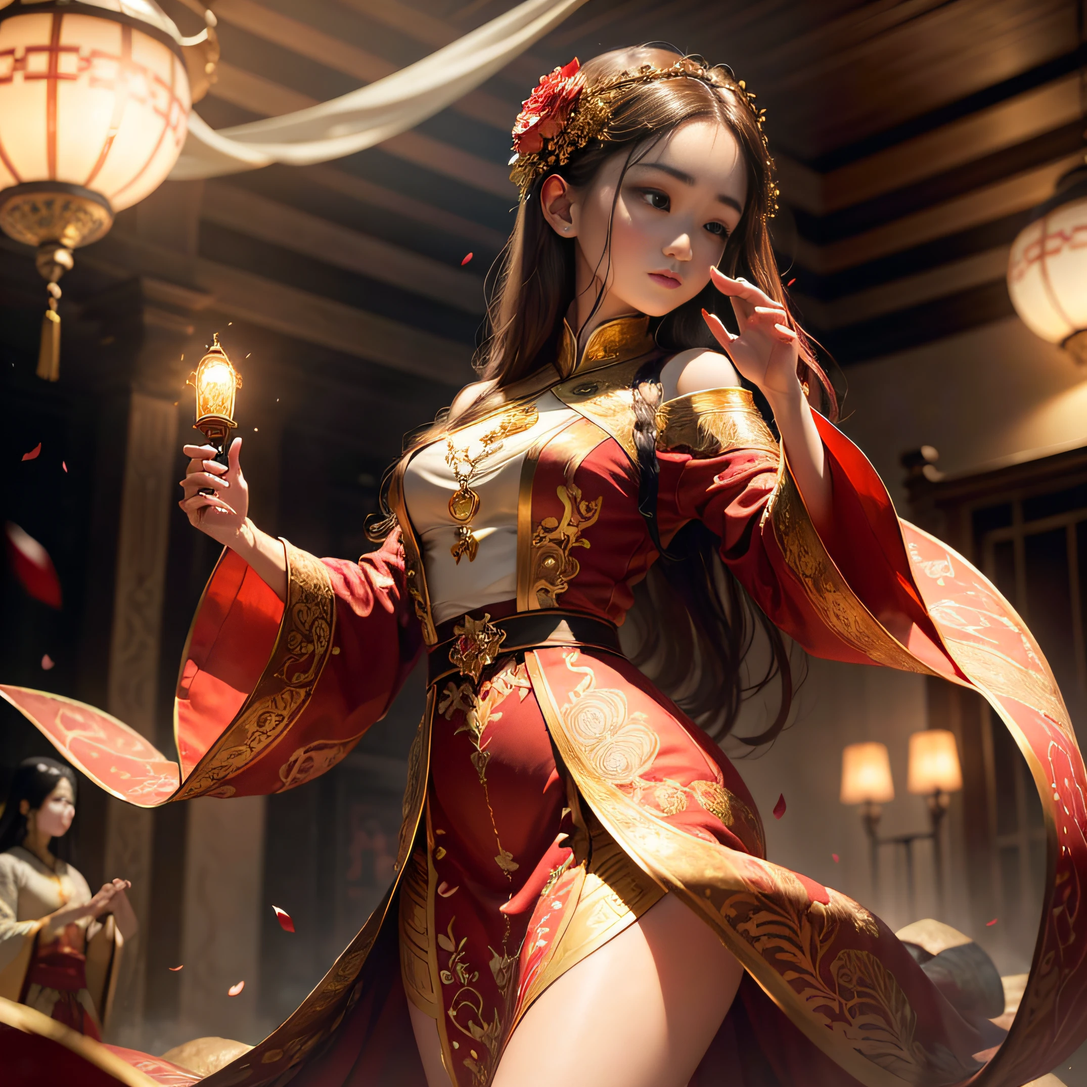 best quality, masterpiece, highres, (exquisite body:1.5),gorgeous face,(milky skin:1.3),intricate details,high resolution,wallpaper,
1girl, solo, dress, hair ornament, (((gold and red dress))), flowers, long hair, brown hair, closed mouth, jewelry, long sleeves, hand up, wide sleeves, big eyes,floating hair, chinese clothes, hanfu, embroidery, long skirt, natural pose, falling petals, indoor,fanning, lantern,
16K,HDR,highres,depth field,(film grain:1.1),boken,golden hour,(lens flare),vignette,rainbowing,(color grading:1.5)