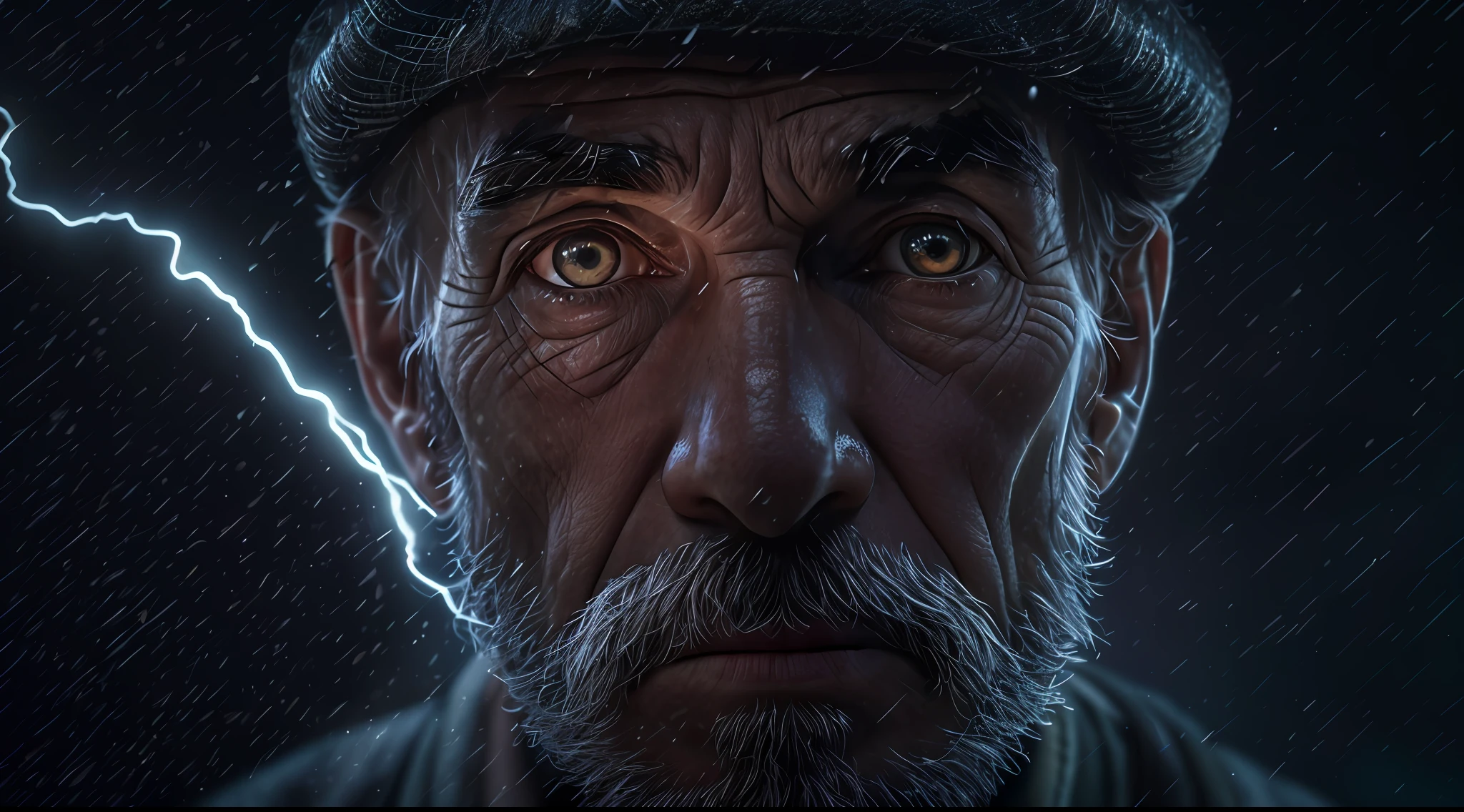 (sharp focus:1.2), an award-winning photo of an old peasant, half body image, darkness outside, lightning backlighting, , lines on face, wrinkles, extremely detailed skin, sadness, hopelessness, bleary eyes, (deep shadows:1.1), high contrast, beautiful eyes, absurd, 8k, (high quality: 1.3), , artstation hd, concept art, detailed face and body, award-winning photography, (moody lighting:1.2), depth of field field, bokeh, 4K, HDR