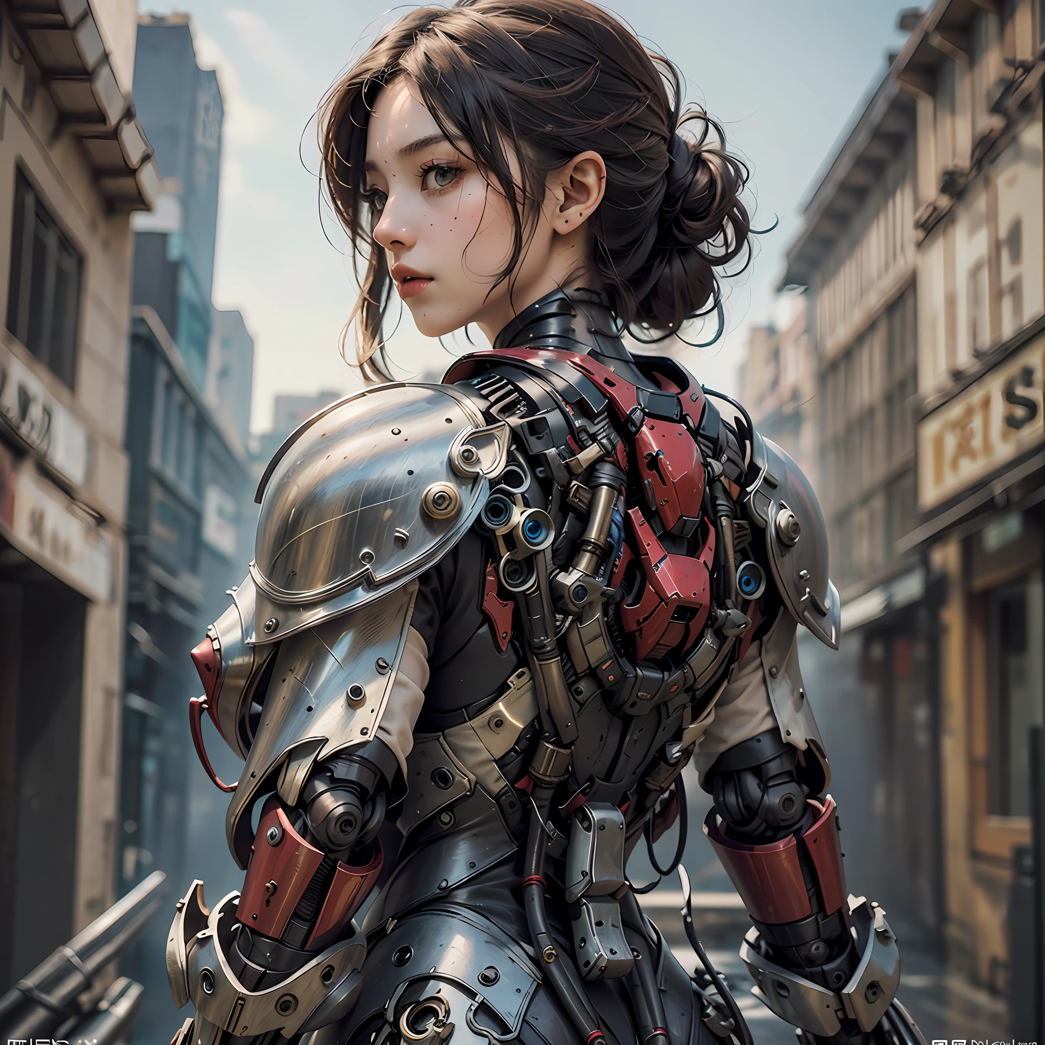 (Masterpiece), (Best quality), Photorealism, Realistic, Ultra detailed, Perfect face, Perfect body, 1girll, Beautiful girl, Girl in red armor, Mechanical armor, exoskeleton, Stand, Cool pose, Sexy, Watching from behind
