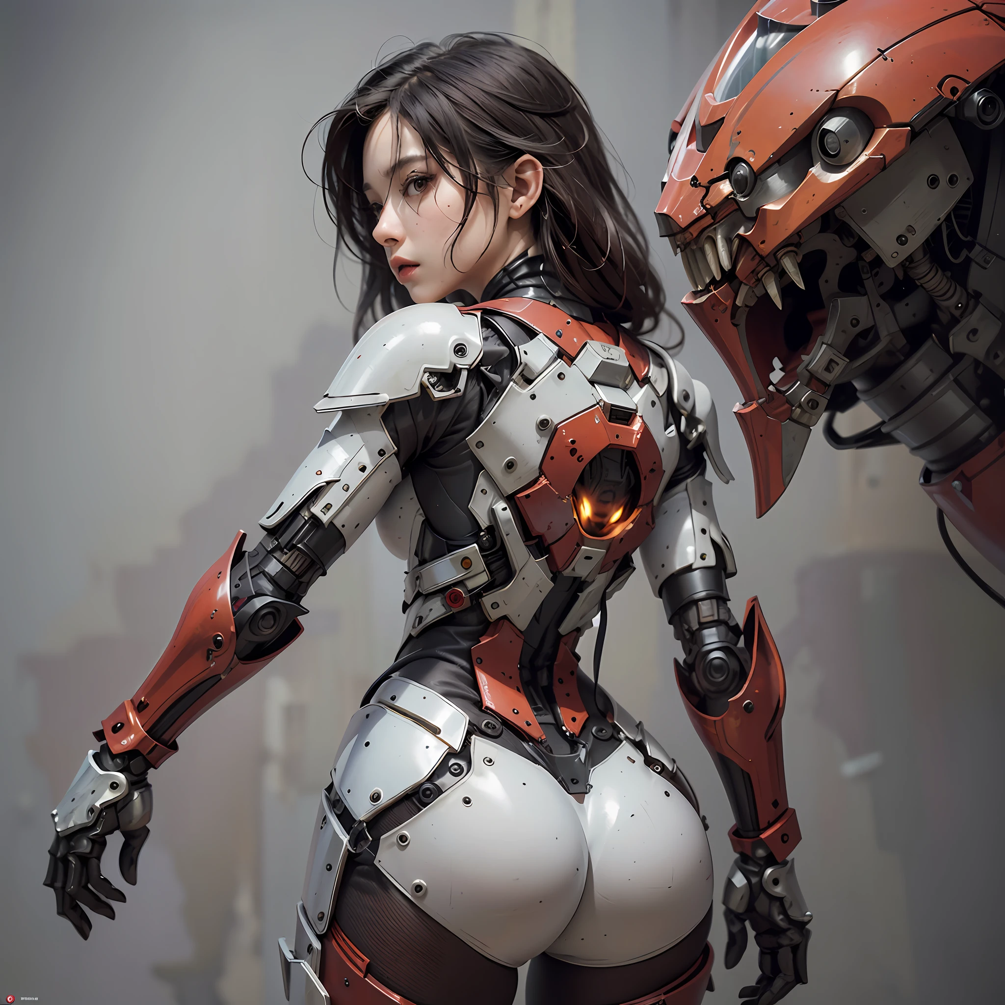 (Masterpiece), (Best quality), Photorealism, Realistic, Ultra detailed, Perfect face, Perfect body, 1girll, Beautiful girl, Girl in red armor, Mechanical armor, exoskeleton, Stand, Cool pose, Sexy, Watching from behind