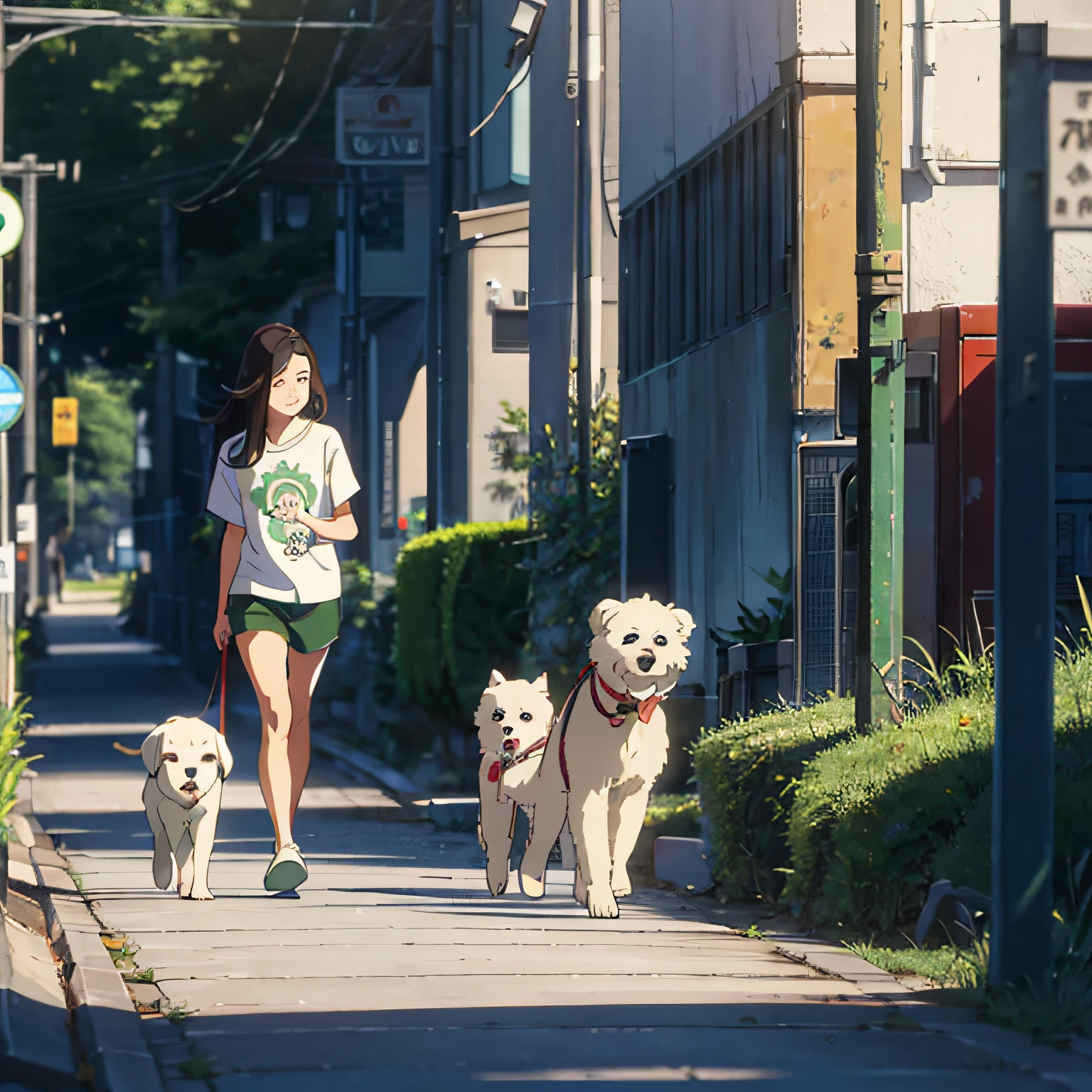 A girl with long hair and a shawl stood alone under a streetlamp on the side of the road at the crossroads, wearing white shorts,The green T-shirt has a bear motif on the chest and a pair of white slippers,A white puppy is led by a white leash in his hand,Dogs are small, --auto
