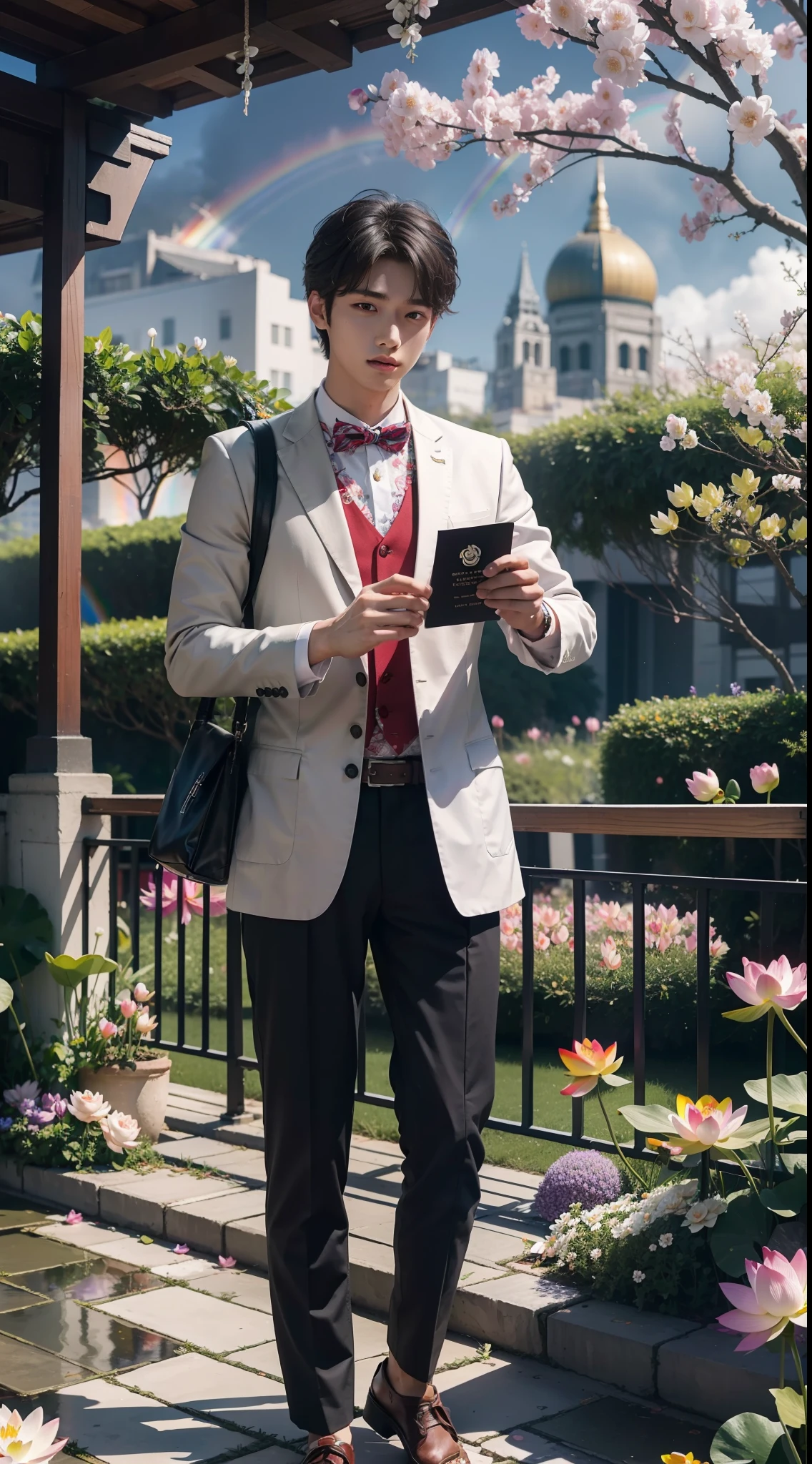 A 19-year-old man，Handsome and handsome，Chairman。Holding a black VIP card in his hand，There is a rainbow overhead，Take a steady pace，(Lotus flowers bloom under your feet:1.2)，outside，urban backdrop，(Rainbow in background:1.5)，tmasterpiece,4K,8K,finedetail,超高分辨率,best qualtiy,k hd,intricately details,Large file size,Amazing,CG,Wallpapers,Master painting,