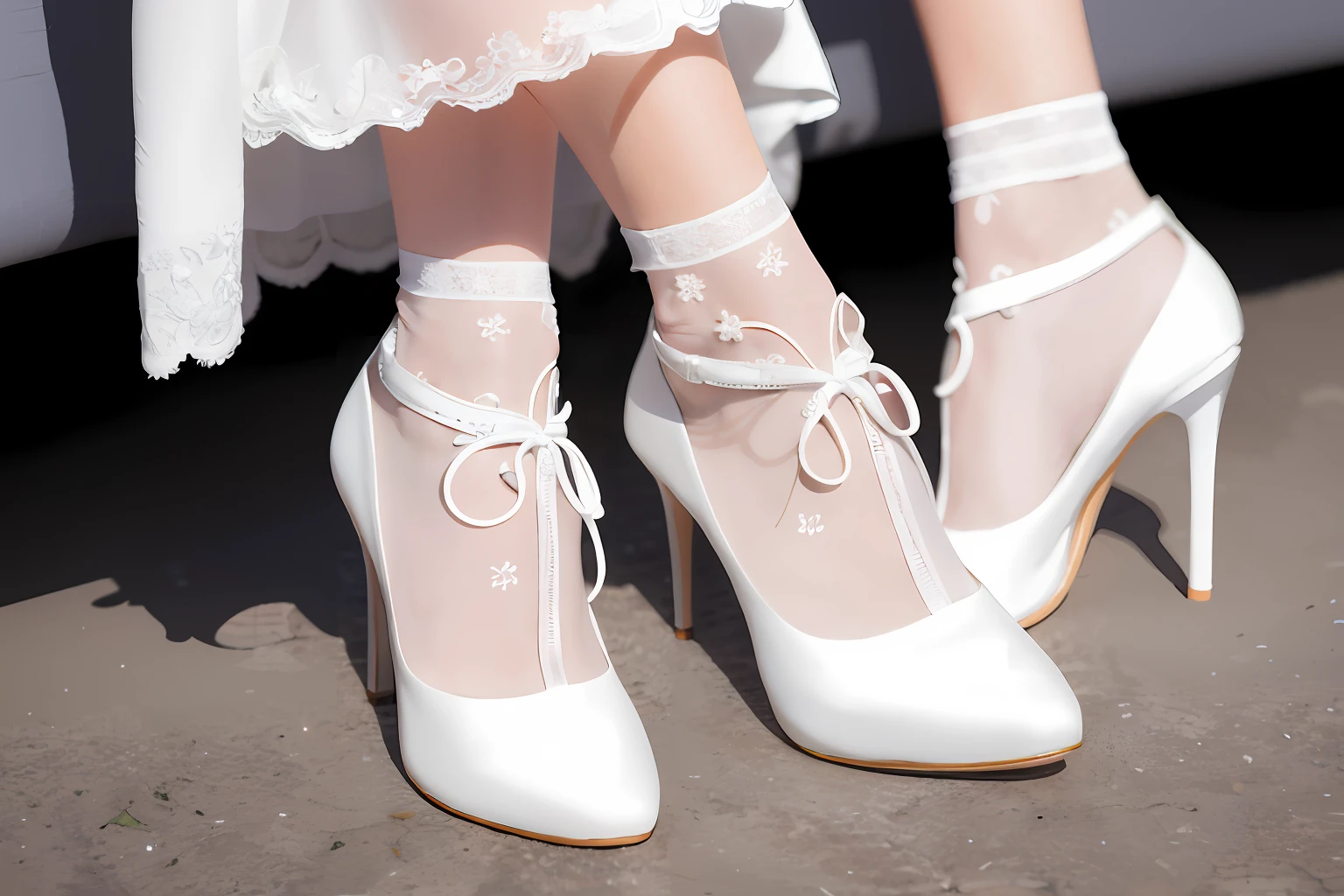 There is the foot of a woman wearing white shoes and a bracelet, White shoes, Silk shoes, subtle wear - and - tear, Wearing white tights, hori, lacey accessories, closeup detailed, sheer, rich details, White details, detailed white, Clear detail, soft white rubber, Subtle details, White lace, wearing a toga and sandals