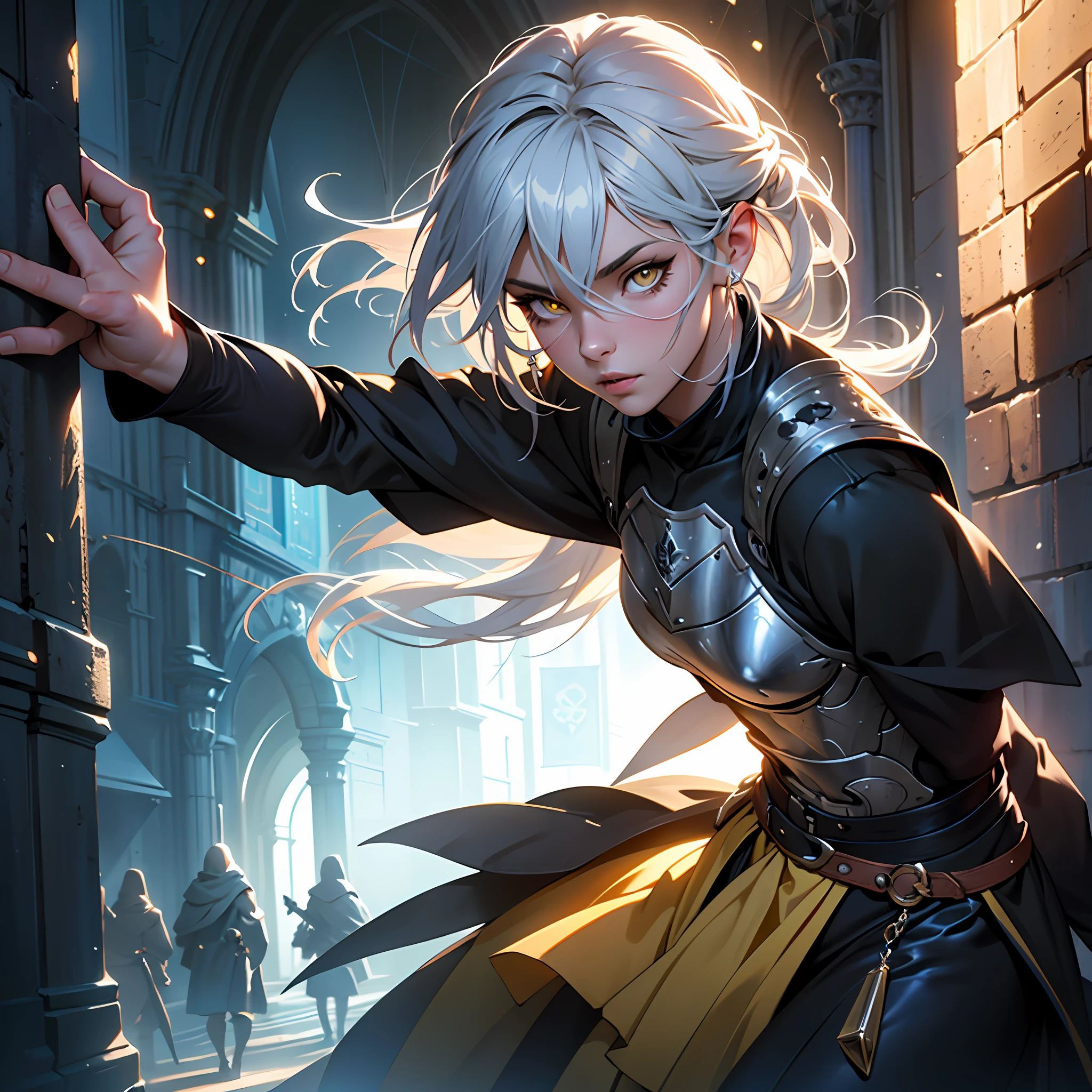 Highly detailed RAW color Photo, beautiful young girl, silver hair, yellow eyes, skimpy clothes with side-opened skirt, dynamic pose, (detailed skin), (detailed lips), (detailed eyes), (moonlight), (medieval:1.1), (medieval City setting) (detailed face), (small body), (petit body), (tiny body), detailed eyes, depth of field, soft lighting, masterpiece, best quality, intricate, particle effects, raytracing, tone mapped, highly detailed, concept art, smooth, sharp focus, dramatic lighting, highly detailed artwork, cinematic, hyper realistic painting, trending on Artstation, 8K, incredible shadows, realistic, (highly detailed background:1.2), (magical lights:1.3), --auto