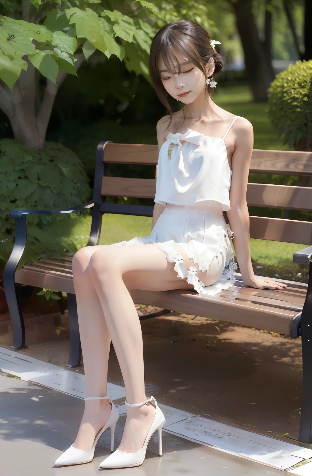 Woman in white dress sitting on a bench in front of bushes, wearing white clothes, wearing white skirt, dressed in a beautiful white, very beautiful slim legs, white skirt and barechest, wearing a wet white short dress, Dressed in white, Beautiful slim legs, gorgeous chinese models, Beautiful legs, cute elegant pose, wearing a cute white dress，Real human skin，high-heels，realskin