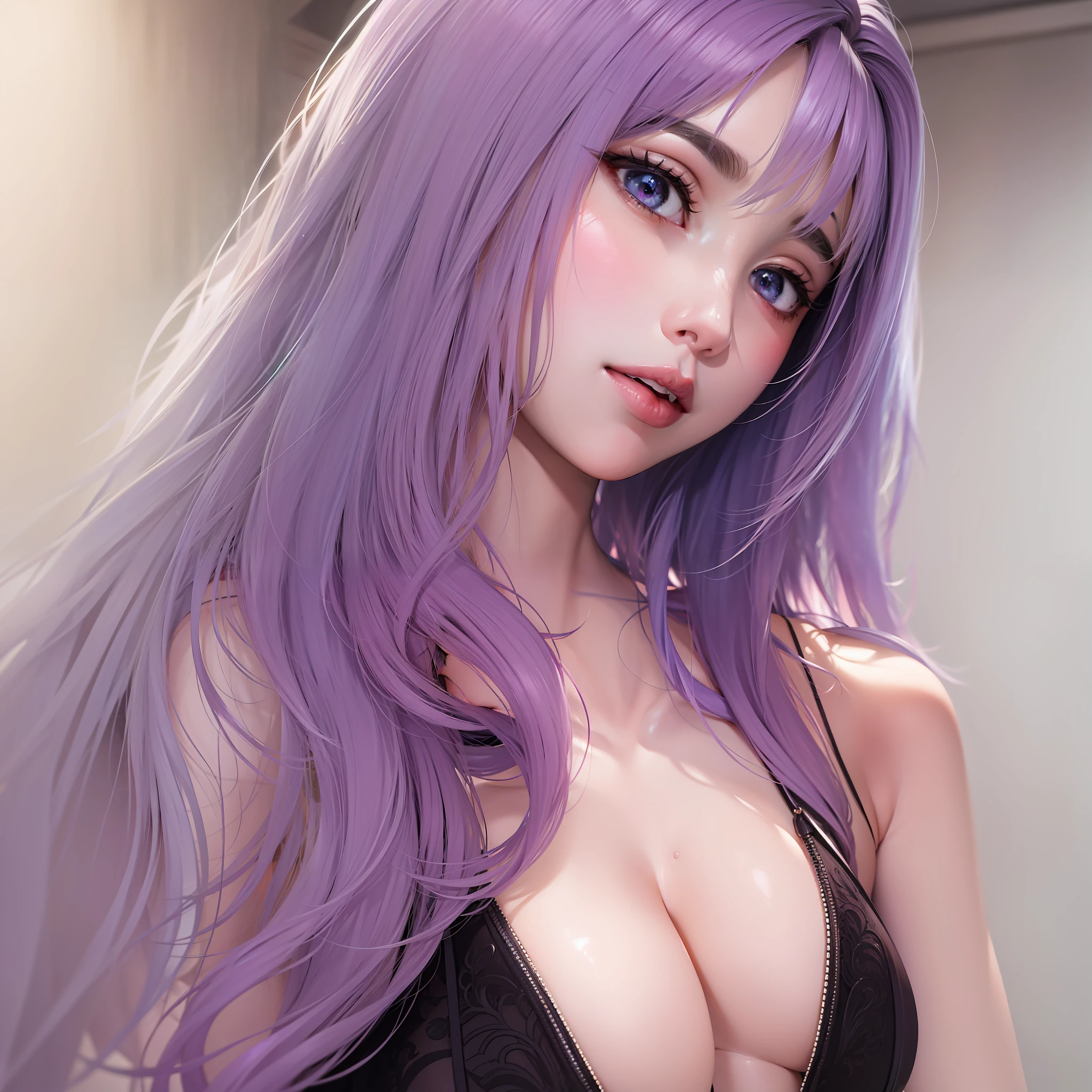 tmasterpiece，Sideslit，Fine beautiful eyes：1.2），tmasterpiece，photorealestic，3D脸，glowing light eyes，shinny hair，Glossy glossy skin，独奏，embarressed，（hason），Purple colored hair，Soft lips，Glossy lips，Tight transparent underwear，Sexy look