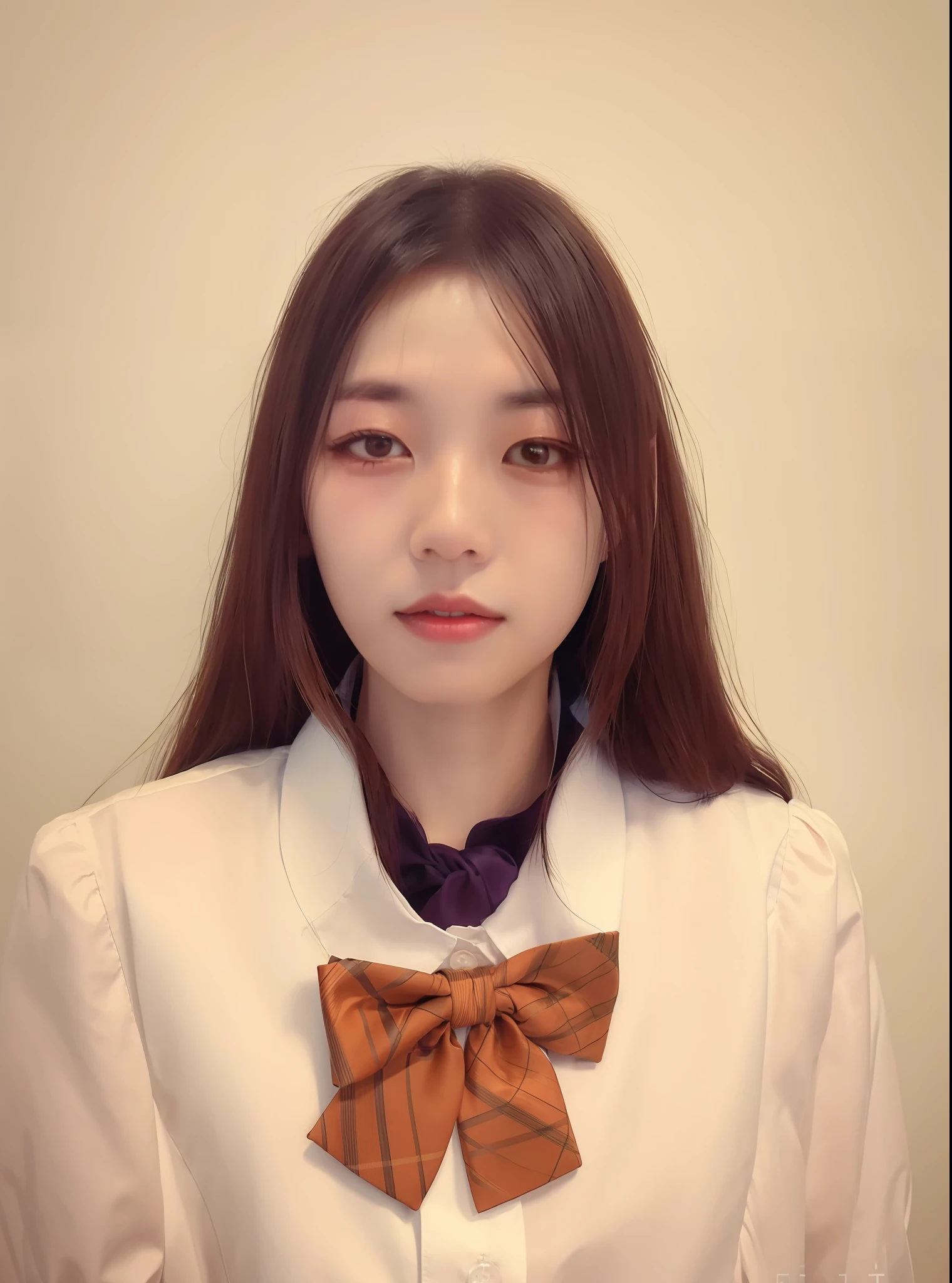 Long haired woman with white shirt and bow tie,white backgrounid， xintong chen, wenfei ye, jaeyeon nam, Kim Tae-joon, chiho, xision wu, Lin Qifeng, front portrait, Wang Qichao, Choi Hyun-hwa,, taken in the early 2020s，ID photo