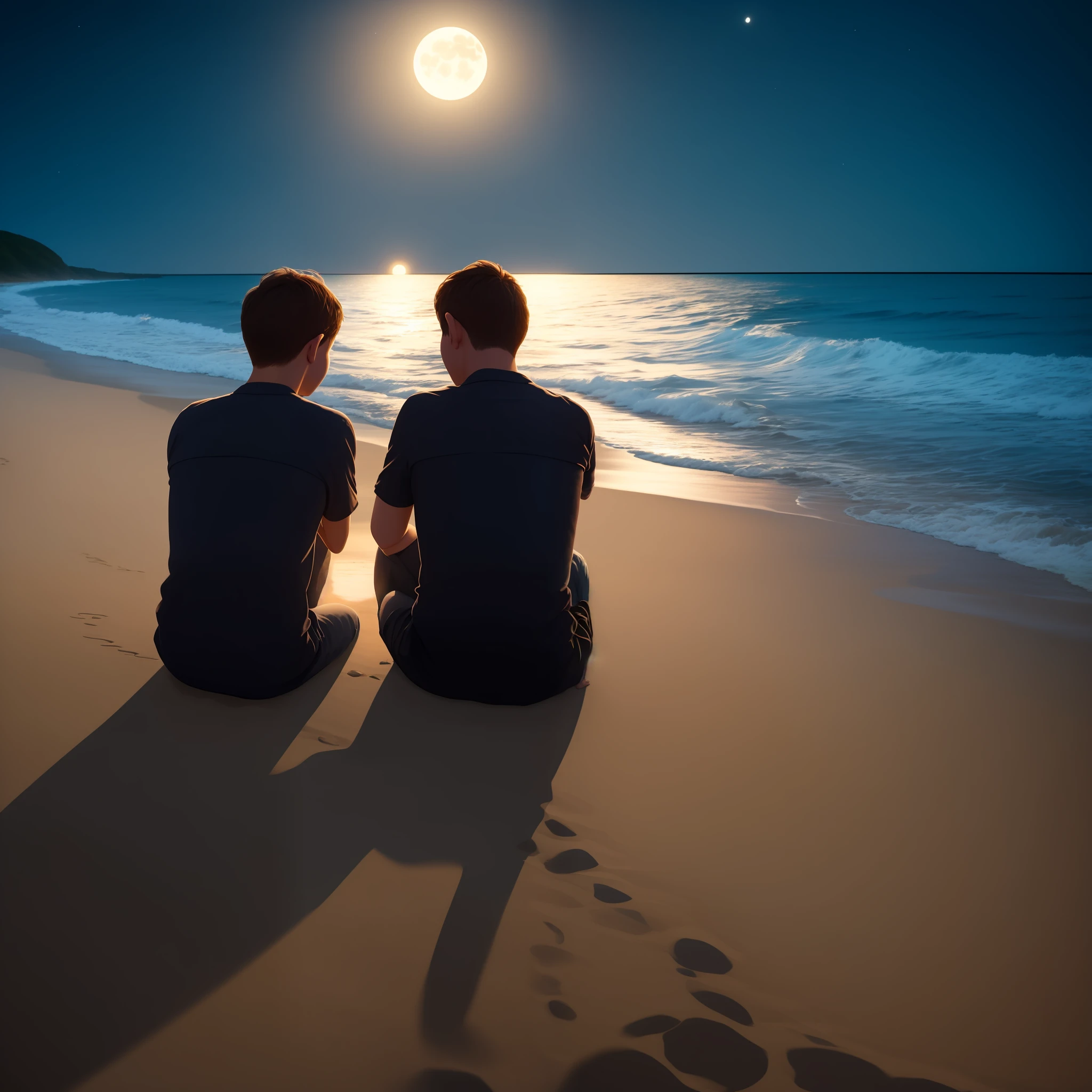 Best quality, two young boys sitting together at the beach at night, by the moonlight looking at each other --auto