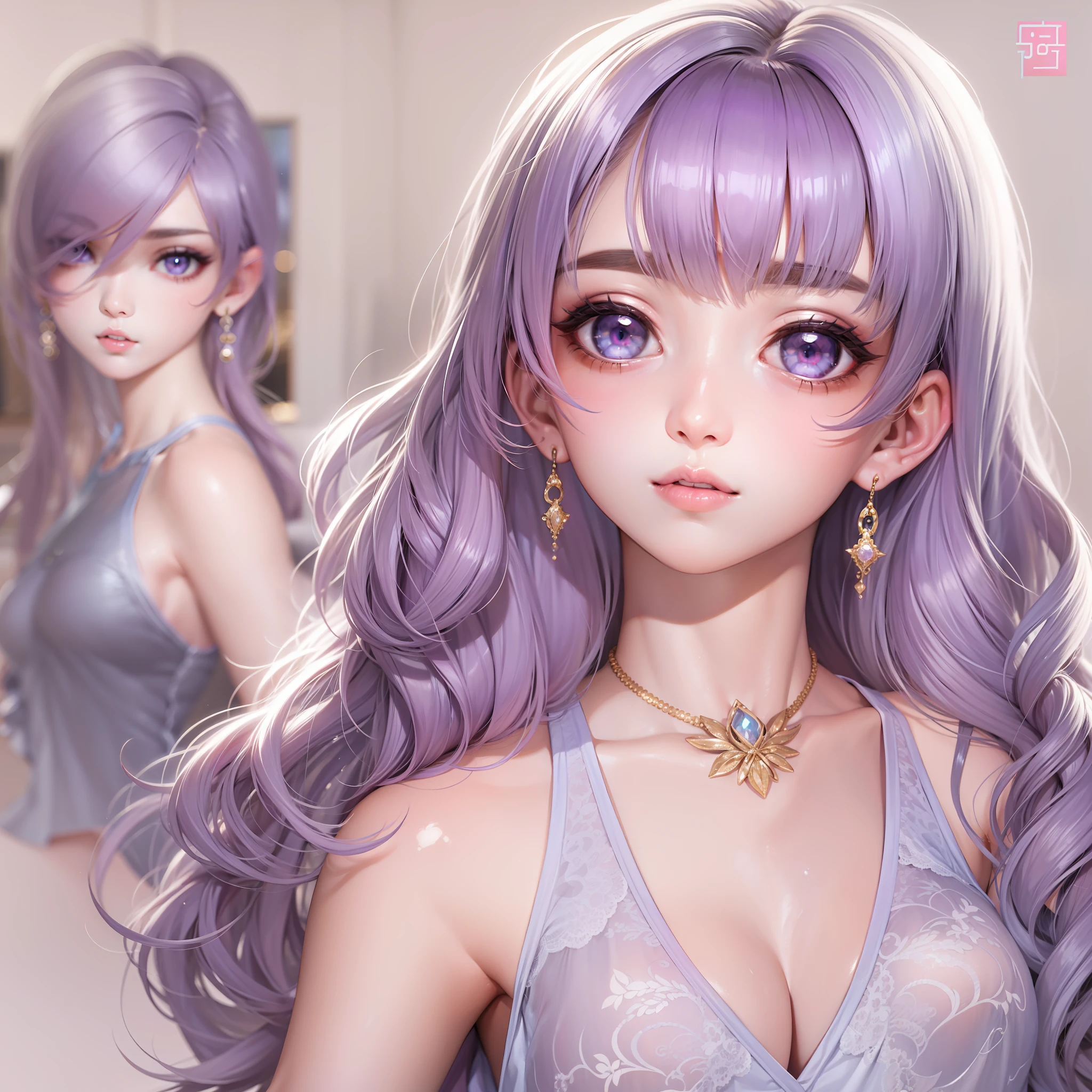 tmasterpiece,Sideslit,Fine beautiful eyes:1.2),tmasterpiece,photorealestic,3D脸,glowing light eyes,shinny hair,Glossy glossy skin,独奏,embarressed,(hason),Purple colored hair,Soft lips,Glossy lips,Tight transparent underwear,Sexy look