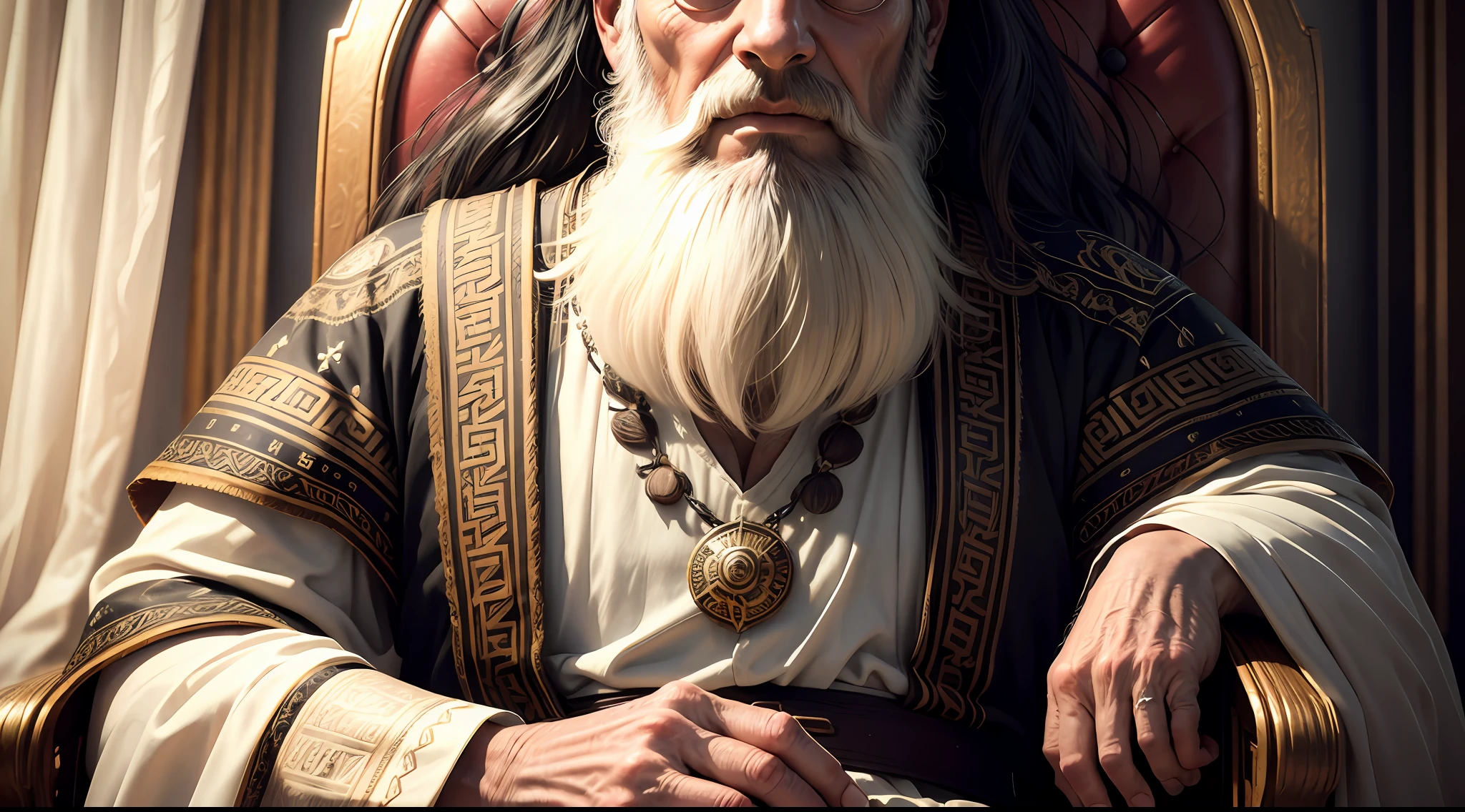 Vintage elderly realistic portrait sitting on a throne, serious, natural skin, light facial, ambient lighting, vivid neon colors, super detailed, realistic details, 8K, 3D, octane, curled black beard, curled black hair, white tunic, greek, white clothing --auto