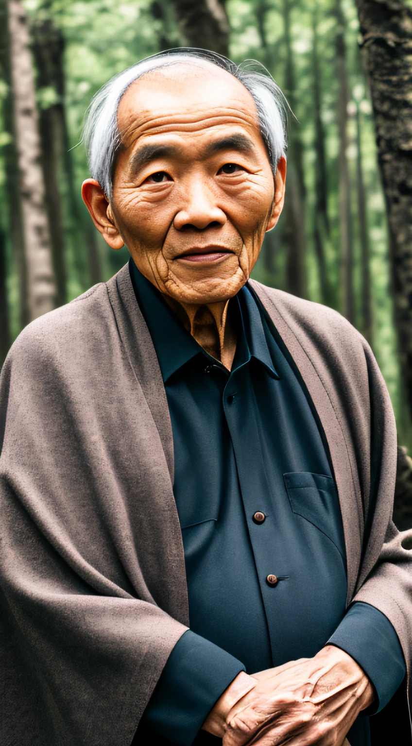 Portrait photography style，A masterpiece of the world，Ultra-unique, highly professional digital art，Film format，Hyper-realistic，Color motion picture film photography with ultra-fine detail and quality，The background is deep in the forest，An elderly man in rural China，Wise old man。He wears an old cape，The eyes are kind and shrewd。He stood upright，His skin had been blackened and powerful by the sun and rain，Wrinkles are fixed on the corners of the mouth and forehead，It seems that his years have precipitated。Wearing a dark gown, although the appearance is simple，But it exudes sublime wisdom and a sense of tenacity of strength。