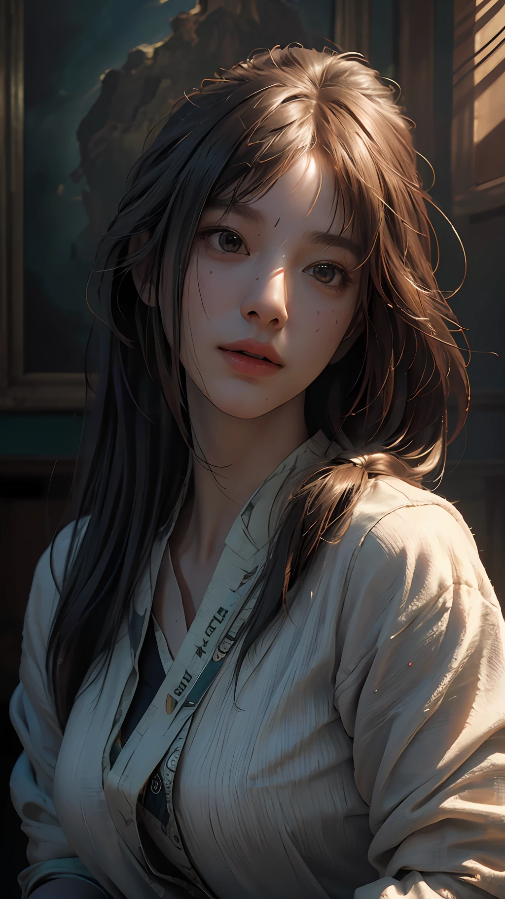 (RAW photo, best quality), (realistic, photo-realistic:1.3),best quality,highly detailed,masterpiece,ultra-detailed,illustration,1girl,upper_body,dynamic angle,world masterpiece theater,messy_long_hair,best quality,extremely detailed CG unity 8k wallpaper,ink,Amazing,cinematic lighting,lens_flare, dunhuang_style