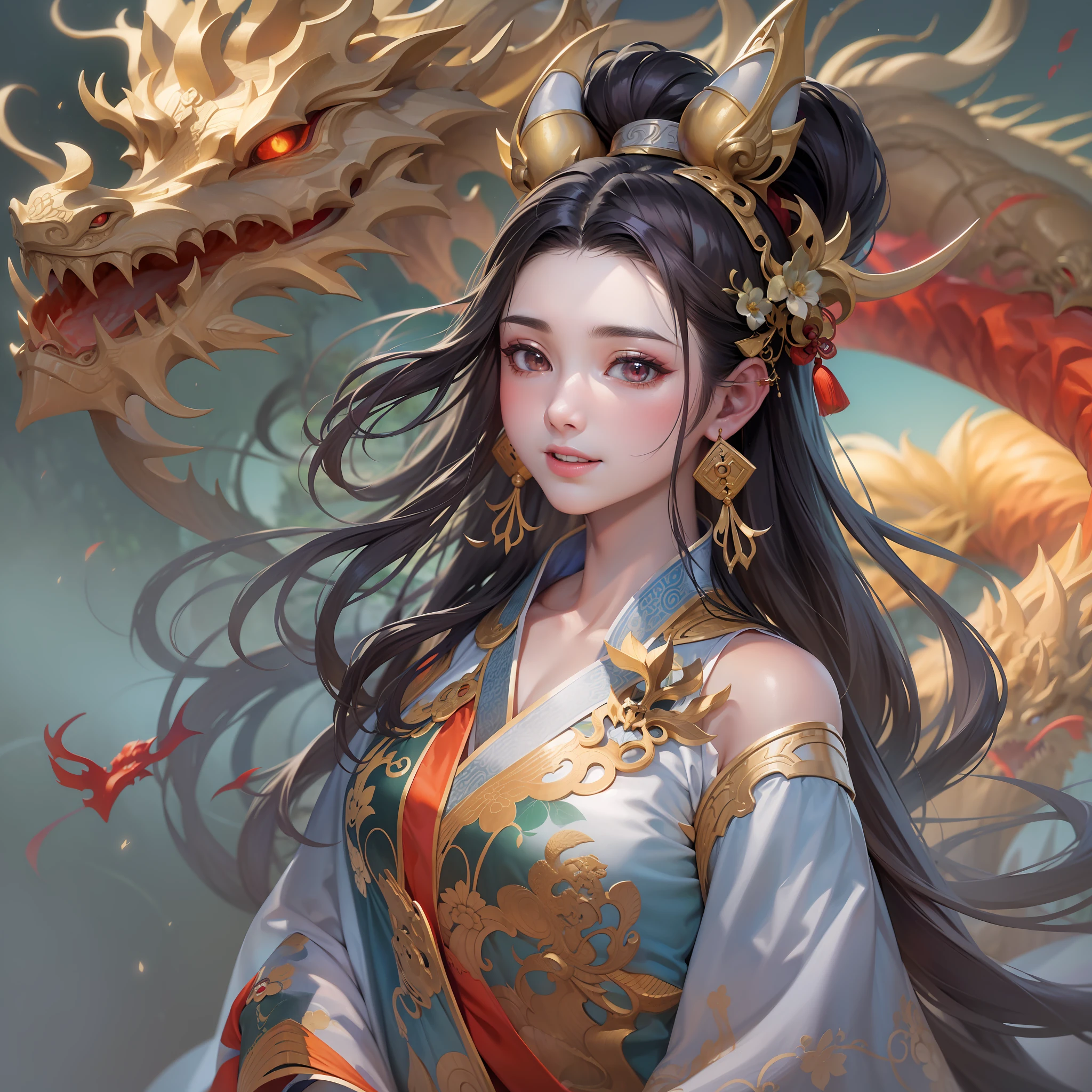 Zhong Fenghua, gorgeous hanfu, official art, Unity 8k wallpaper, super detailed, beautiful beauty, masterpiece, best quality, (tangled, tangled, tangled), (fractal art: 1.4), (character center: 1.3), 1 girl, dragon rape girl, dragon foot inserted into ass, back in ,dragon foot pierced ass, shocking domineering chinese dragon, detailed dragon head, black hair, long ponytail, Chinese, off-the-shoulder,, very detailed, dynamic angle, denim shot, (most beautiful form of chaos), ethereal, (bright colors), oc , (half: 1.2), China, (Thangka Feitian: 1.5), (Ribbon: 1.3), (Dream: 1.5), (Hanfu: 1.5), Chinese dragon, Chinese phoenix, (smile: 0.5), (Chinese god), (masterpiece, top quality, best quality, ultimate detail, highest detail, official art, beauty and aesthetics: 1.2), golden ratio, full composition