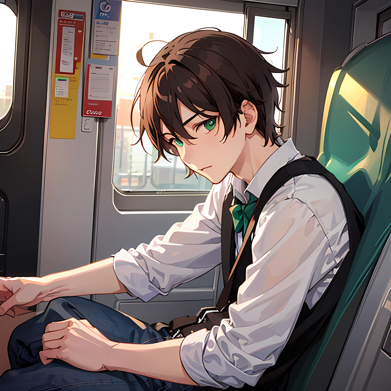 Detailed digital anime art,Brown-haired boy,sideface,clear green eyes,long eyelasher,The sun shines on the tip of his nose,He leaned back in the train seat