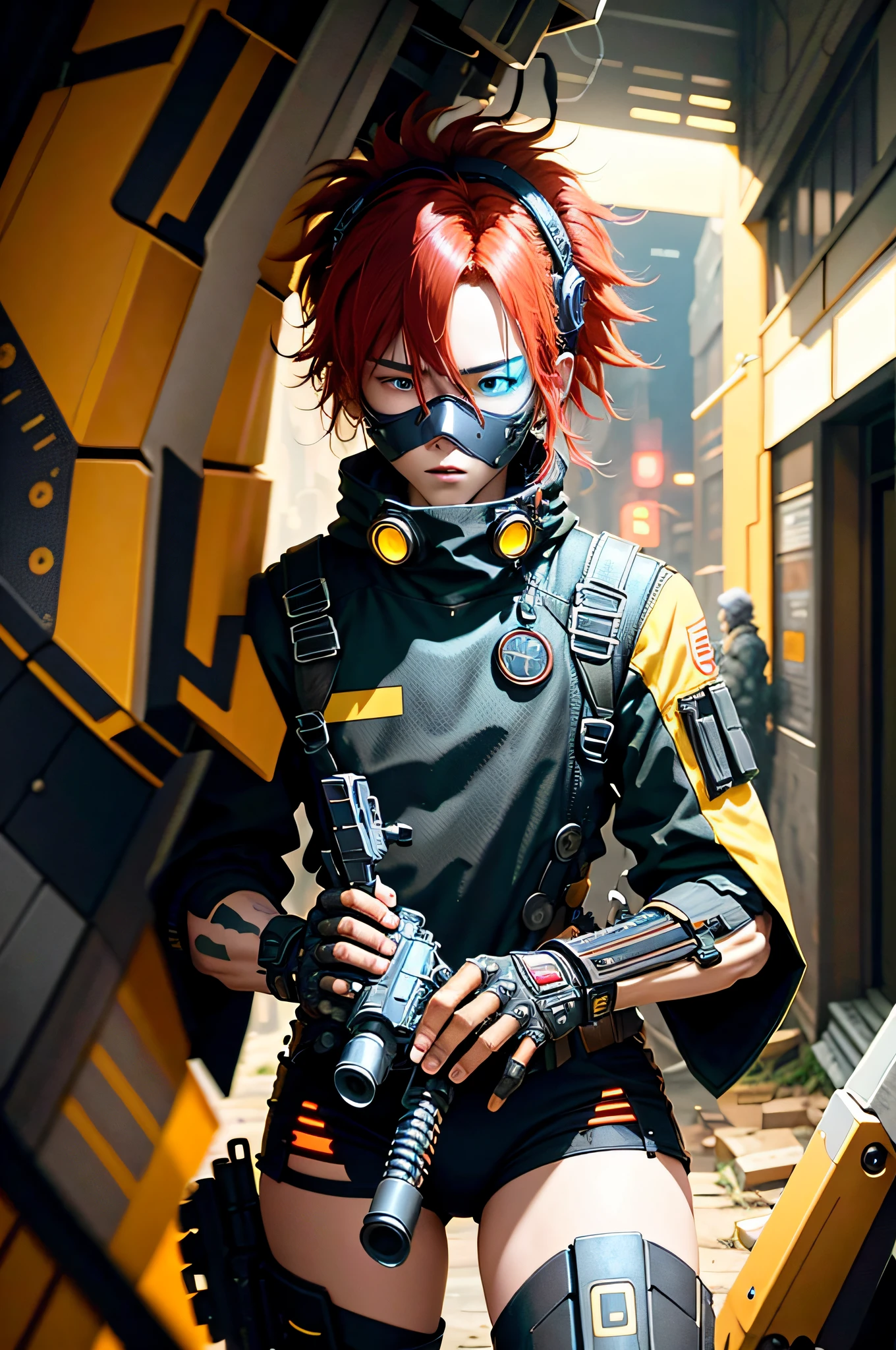 This is a hyper-detail、High resolution and top quality CG Unity 8k wallpaper,The style is cyberpunk,Mainly black and red。A man with short yellow and messy hair appears in the picture,s delicate face,Wearing a steam mech mask,standing on ruins,Behind him is a huge robot,The action of a woman holding a heavy sniper rifle in her hand,