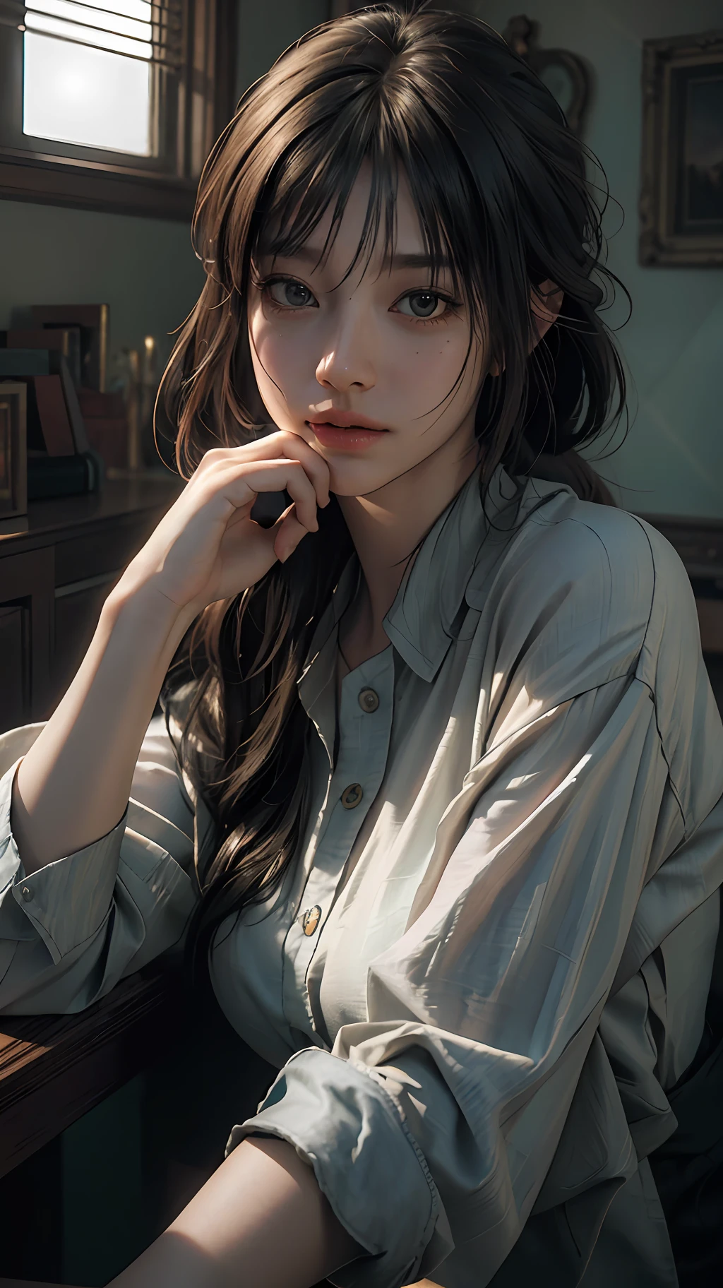 (RAW photo, best quality), (realistic, photo-realistic:1.3),best quality,highly detailed,masterpiece,ultra-detailed,illustration,1girl,upper_body,dynamic angle,world masterpiece theater,messy_long_hair,best quality,extremely detailed CG unity 8k wallpaper,ink,Amazing,cinematic lighting,lens_flare, dunhuang_style