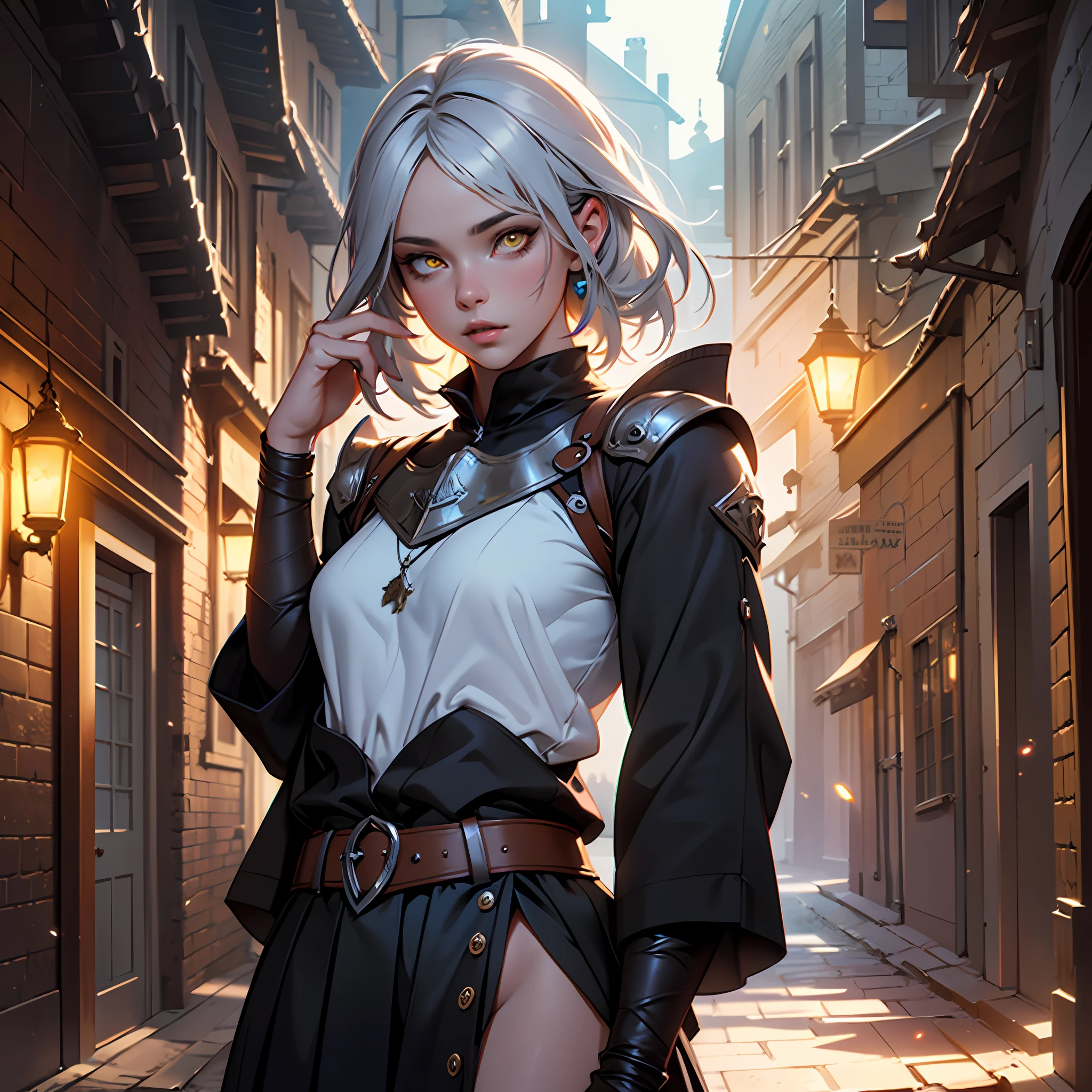 Highly detailed RAW color Photo, beautiful young girl, silver hair, yellow eyes, skimpy clothes with side-opened skirt, dynamic pose, (detailed skin), (detailed lips), (detailed eyes), (moonlight), (medieval:1.1), (medieval City setting) (detailed face), (small body), (petit body), (tiny body), detailed eyes, depth of field, soft lighting, masterpiece, best quality, intricate, particle effects, raytracing, tone mapped, highly detailed, concept art, smooth, sharp focus, dramatic lighting, highly detailed artwork, cinematic, hyper realistic painting, trending on Artstation, 8K, incredible shadows, realistic, (highly detailed background:1.2), (magical lights:1.3), art by midjourney --auto