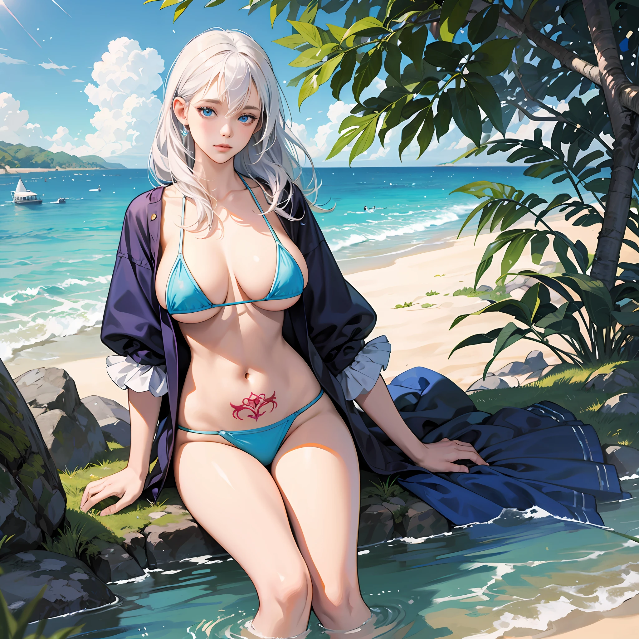 high resolution, highest quality, super high quality, super detail, ultra realistic, photorealistic, anime, illustration, Northern Renaissance style, super cute lady, mysterious, enchanting, blue eyes, white hair, hime cut, tired hair, tattoos, huge breasts, under boobs, great proportion, perfect proportion, slender, full body, micro bikini, beach, water cottage --auto