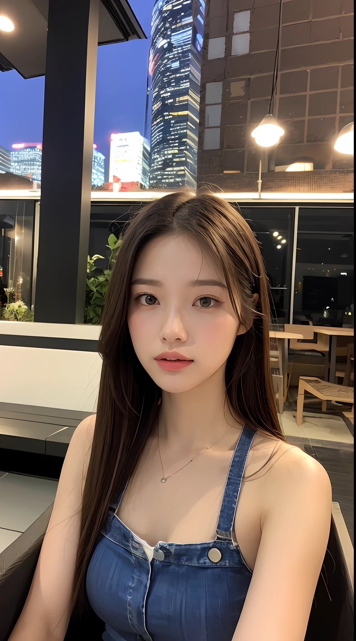 ((best qualtiy, 8K, tmasterpiece:1.3)),time: 9 pages.m ,in the darkness nigth,nigth, Gilet blanc,shorter pants,Highly detailed facial and skin texture, A detailed eye, 二重まぶた,Whiten skin,Breast fullness1.6,with long coiled hair,Caramel colored hair,best qualtiy,tmasterpiece,超高分辨率,(realisticlying:1.4),RAW photogr,(perfect body type),The upper part of the body,dynamicposes,1 Girl Japan,waist-up,独奏,in the darkness nigth,the night,Rooftop bar,Sit naturally in a chair,deep shading,low tune,Cold light 12000K,