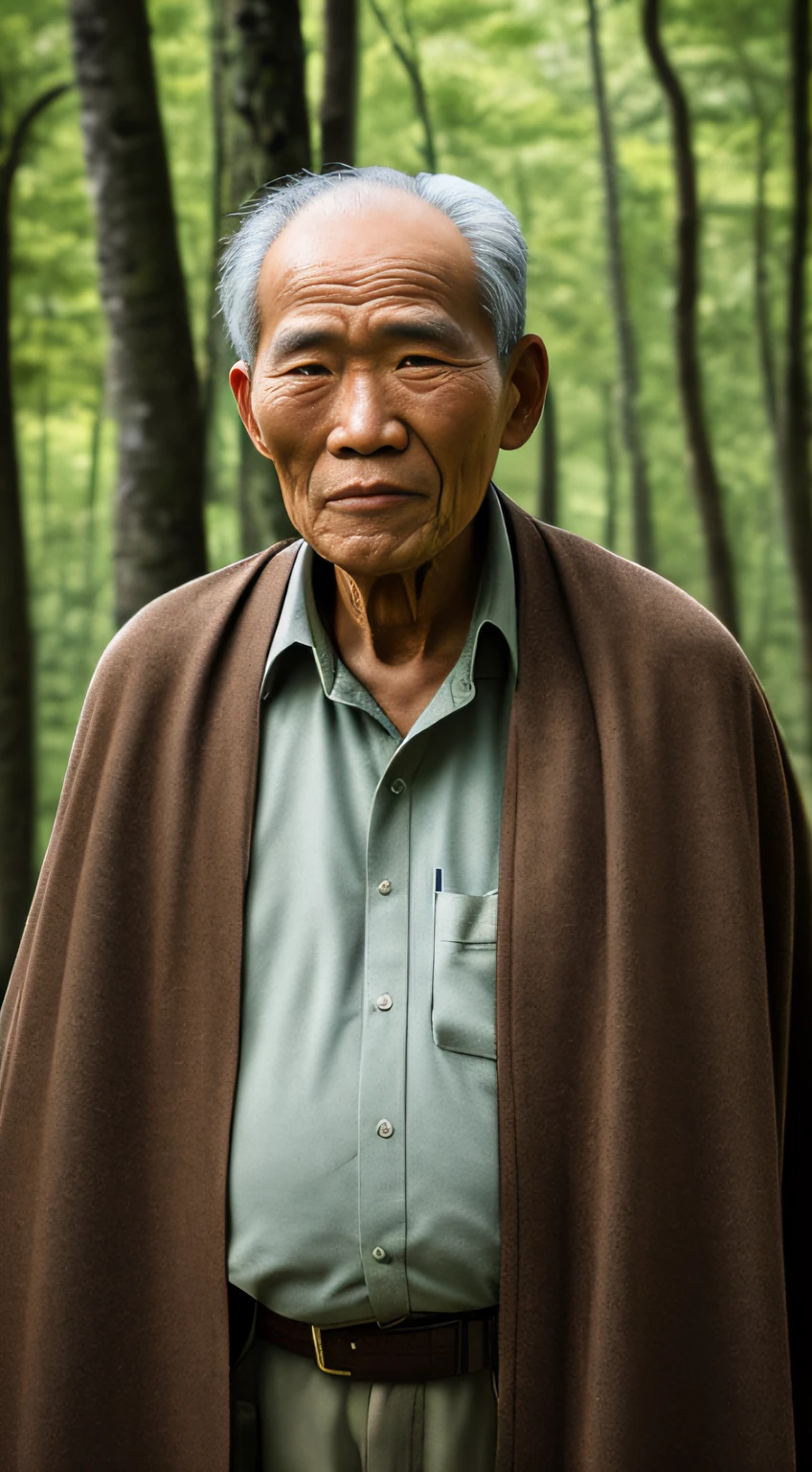 Portrait photography style，A masterpiece of the world，Ultra-unique, highly professional digital art，Film format，Hyper-realistic，Color motion picture film photography with ultra-fine detail and quality，The background is deep in the forest，An elderly man in rural China，Wise old man。He wears an old cape，The eyes are kind and shrewd。He stood upright，His skin had been blackened and powerful by the sun and rain，Wrinkles are fixed on the corners of the mouth and forehead，It seems that his years have precipitated。Wearing a dark gown, although the appearance is simple，But it exudes sublime wisdom and a sense of tenacity of strength。