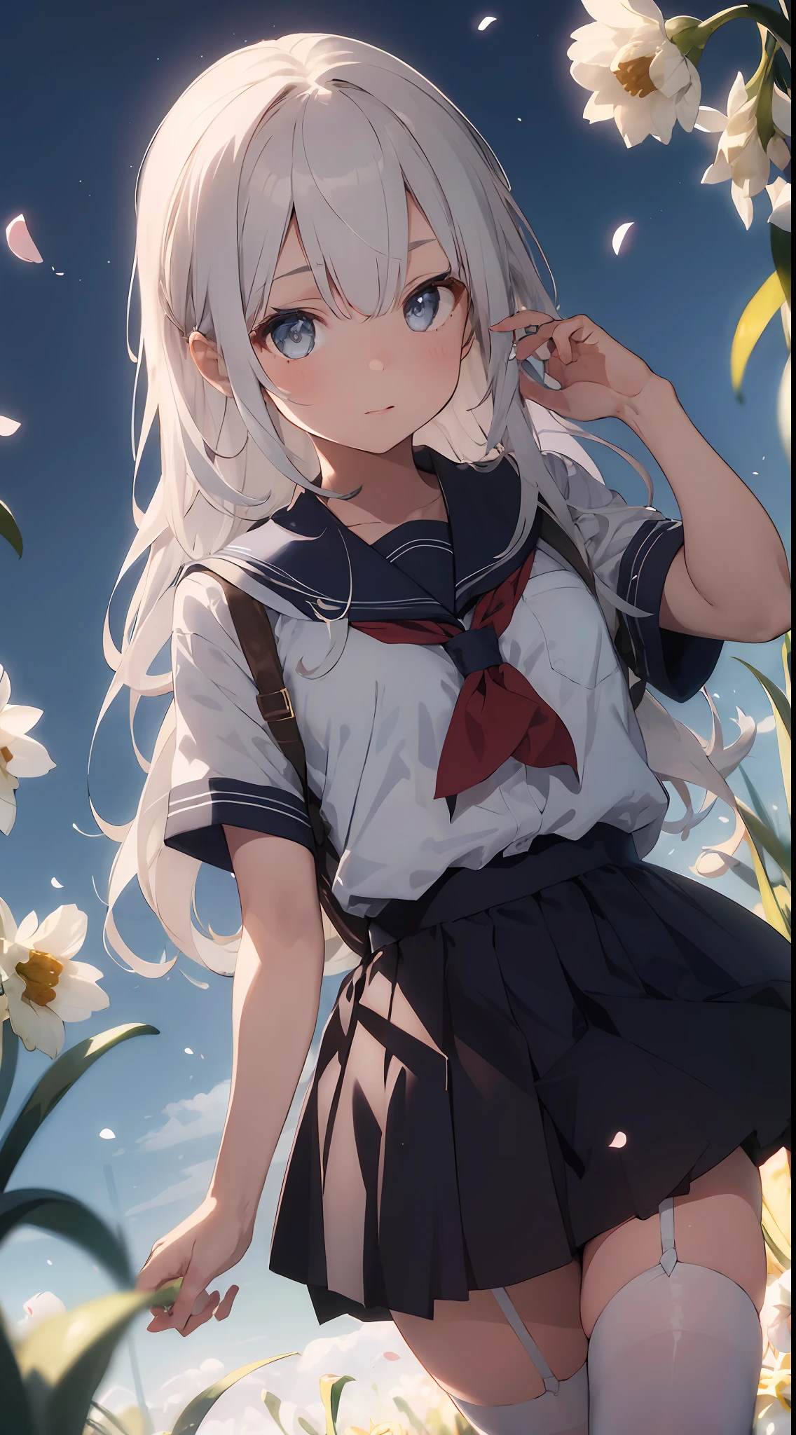 1girl, beautiful detailed eyes, long white hair, light grey eyes, school uniform, high white stocking, vivid, flower, daffodil, hyacinth, falling petals, , high contrast, ((masterpiece, best quality)), cinematic light, cinematic composition