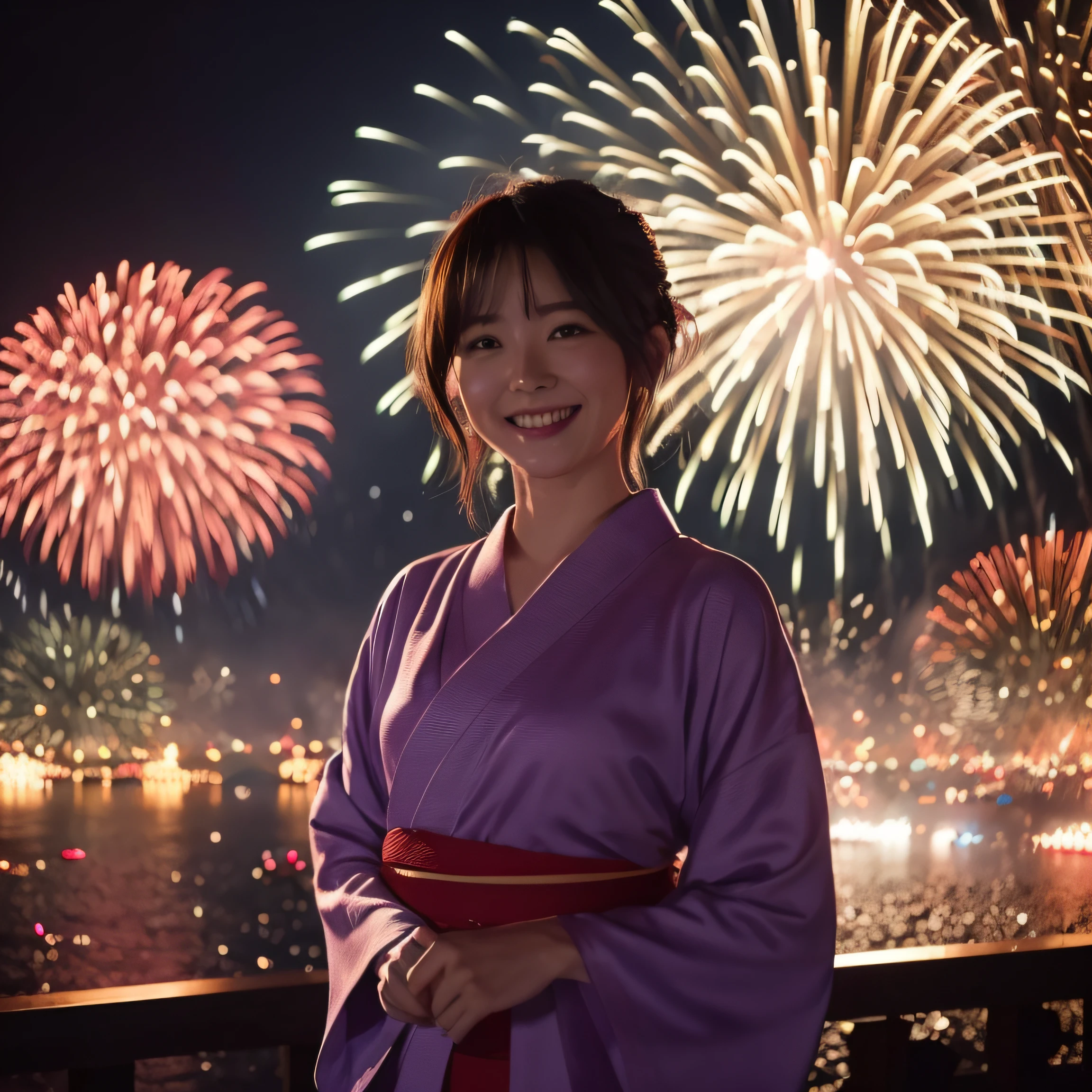 Wide shot of a beautiful woman wearing a yukata in the background of a mysterious fireworks display: 1.5, Unity 8k , highly accurate: 1.1。As a stylish snapshot、Beautiful woman smiling、Beautuful Women: 1.3、wide Shots: 1.2、bathrobe: 1.1、Fireworks Display: 1.1