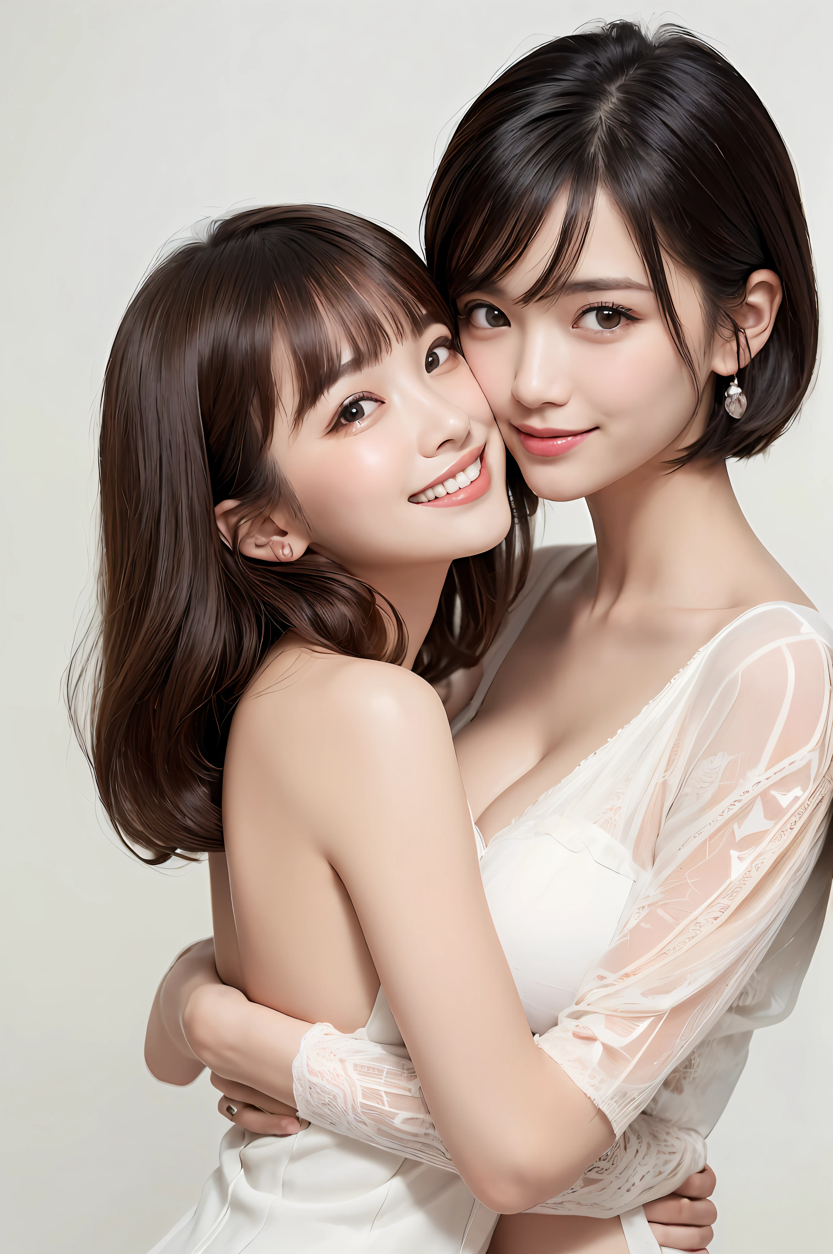((masterpiece、Hugging each other naked、Hugging face to face naked、30-years old、Hugging each other's cheeks、Two beautiful girls、Detailed eye、Shorthair with bangs、shorth hair、neck long、Put your ears out))、big eye、Distinct double eyelids、((top-quality, 超A high resolution、stares at the camera、Light brown eyes、big eye、Clean collarbone、glowy skin、Straighten your back、The face of the golden ratio、a small face)), (Realisticity: 1.4), OriginalPhotographs, 2girls,cinematlic lighting、japanes、Asian Beauty、Korea person、Super beauty、Realistic skin type、(((clean very large breasts、A slender、long neck、The body is facing forward、lipgloss、Highlights in the eyes、thin lips、smiling slightly、Closing mouth and smiling happily)))、(A hyper-realistic)、(hight resolution)、(8K picture quality)、(ighly detailed)、(Best Illustration)、(beautifully detailed eyes)、(ultra-detailliert)、A detailed face、looking at viewert、Facing straight ahead、neat and clean clothes、sleeve less、short-hair、Black-haired、46-point diagonal bangs、Background is really nothing but pure white background、neat atmosphere、Smile happily、Two happy people