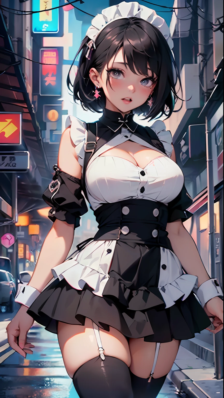 maid girl,(1girl:1.3),((anime maid girl with extremely cute and beautiful black hair walking seductively down the street)),

(large breasts:1.4),bountiful breasts, fluffy breasts, H cup bust, bust up, bulging bust top,(((black bob hair:1.35,colored inner hair,short hair, ear breathing))),((heterochromia, eye1 blue, eye2 purple, perfect eyes, upturned eyes:1.3, beautiful detailed eyes, finely detailed beautiful eyes:1, big highlight on eyes:1.2, slanted eyes)), (fat:1.2),(((lustrous skin:1.5,bright skin: 1.5,skin tanned,shiny skin,very shiny skin,shiny body,plastic glitter skin,exaggerated shiny skin))),(spider lower abdomen,narrow waist,wide hip,athletic body,inflated legs,delicate detailed fingers,detailed body,detailed arms,human hands, detailed hands),

cute,slutty,seductive,erotic,nsfw, 

zettai ryouiki,(maid headdress), maid uniform, Headdress, (maid), sleeveless, mini skirt, boots, cleavage cutout, bare legs,clothes with a lot of lace frills,(detailed outfit,detailed clothes),

(dynamic pose:1.0),solo focus,embarrassed,blush, sweat,((tears,open mouth)), moist eyes,centered,scale to fit dimensions,Rule of thirds,

outdoors, ((night view)), (cyberpunk night street Background: 1.5,dark sky,alleyway,lonely alley,thick clouds, detailed background:1.25),

(best quality), (high resolution), (sharp focus), (ultra detailed), (extremely detailed), (extremely high quality artwork), 8k_wallpaper, (extremely detailed CG 8k),(very fine 8K CG), ((hyper super ultra detailed perfect piece)), flawless, (((masterpiece))), illustration, vibrant colors,  (intricate), High contrast, Selective lighting, Double exposure, HDR (High Dynamic Range), Post-processing, Background blur,