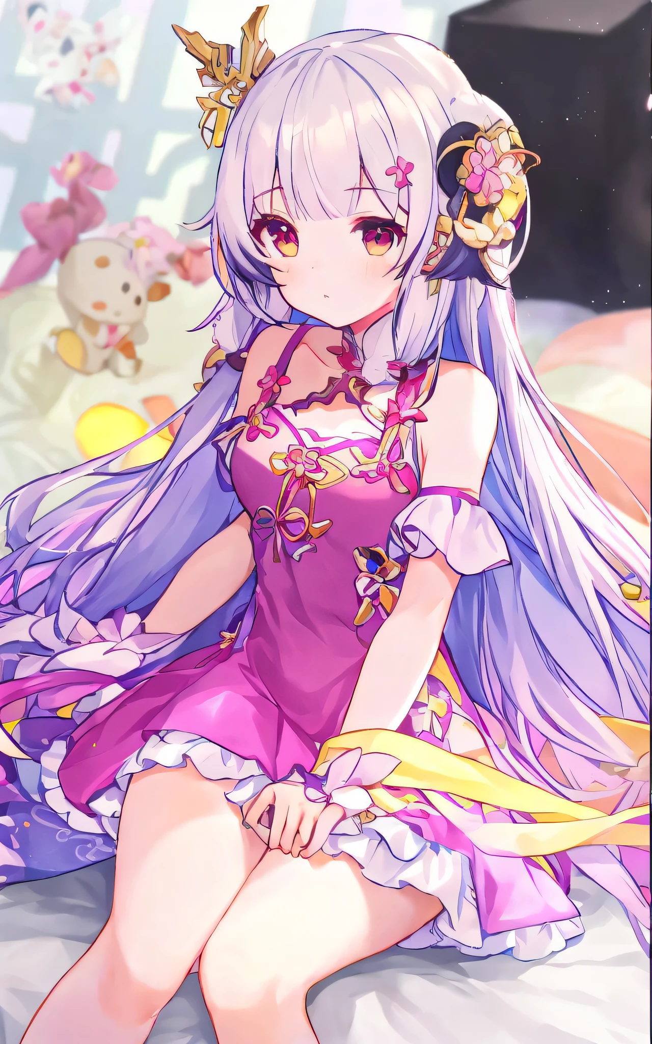 anime girl with long hair and a pink dress sitting on a bed, from the azur lane videogame, azur lane style, keqing from genshin impact, ayaka genshin impact, splash art anime , characters from azur lane, cute anime waifu in a nice dress, anime goddess, zhongli from genshin impact, white haired deity