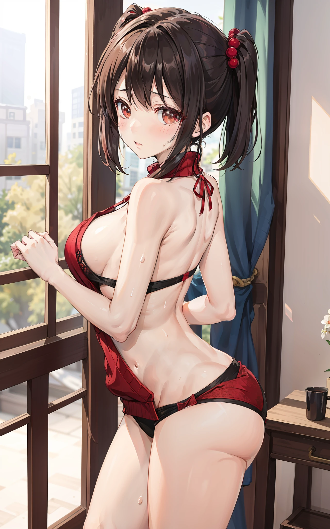 （absurderes）style of anime，Shoulders bare，Bare legs，Bare back，no brassiere，mediuml breasts，embarressed、 Side breast，is shy，Be red in the face，Air slippery，age killer sweater，sweat leggs，Short panties，无袖，Superskirt，Frozen