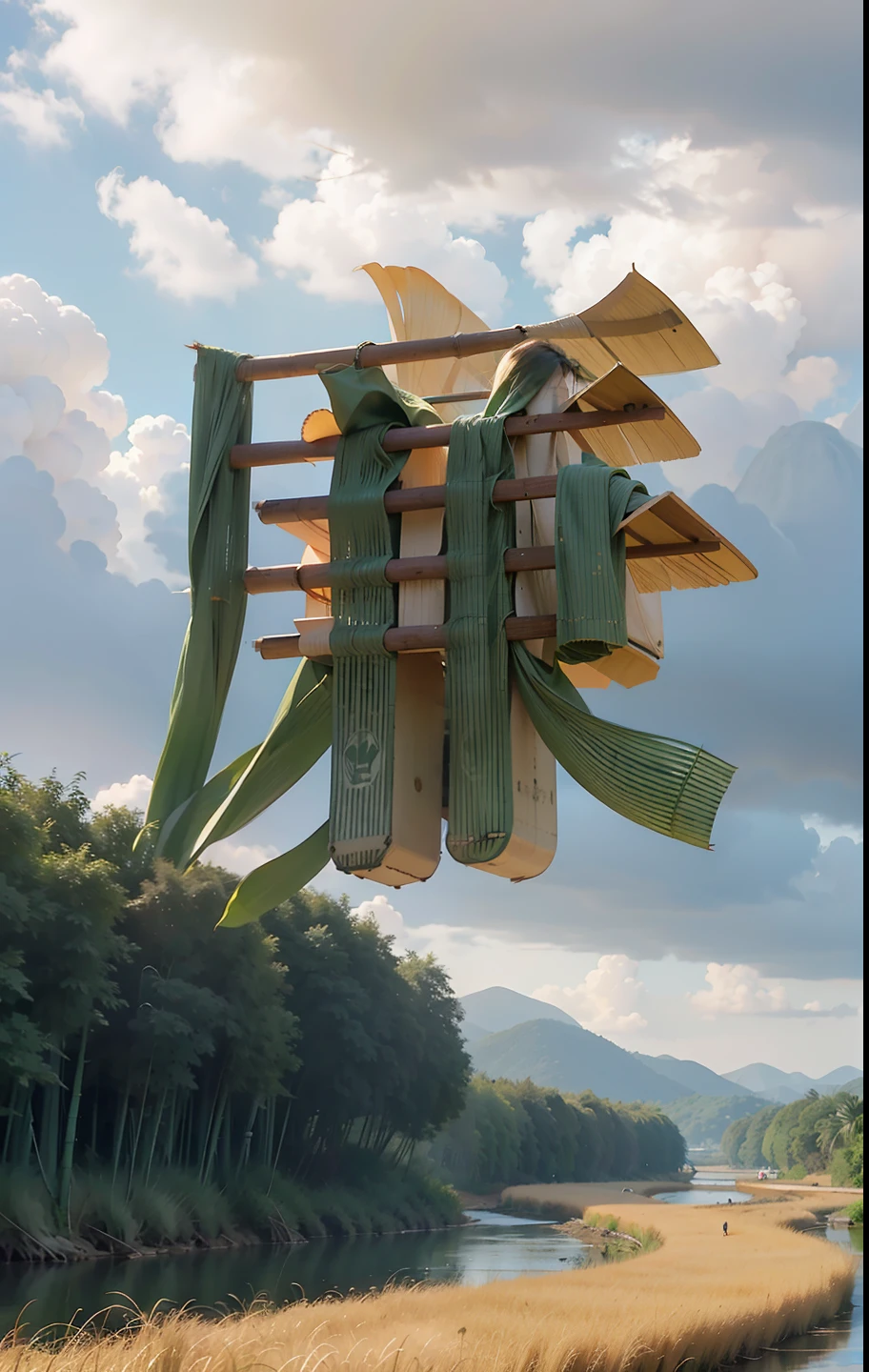 In the distance there is a river beach, rice fields, wheat, reeds, riverside, bamboo forest path on the bank, bamboo forest path standing, highest picture quality