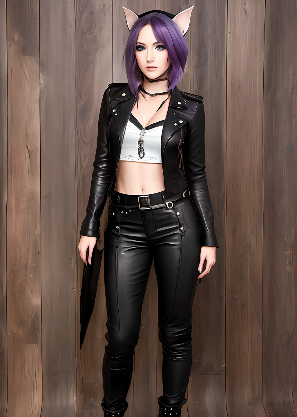 European girl, purple hair, green eyes, bob, makeup, leather clothes, elf ears, stands in half a turn, piercing, wood magic