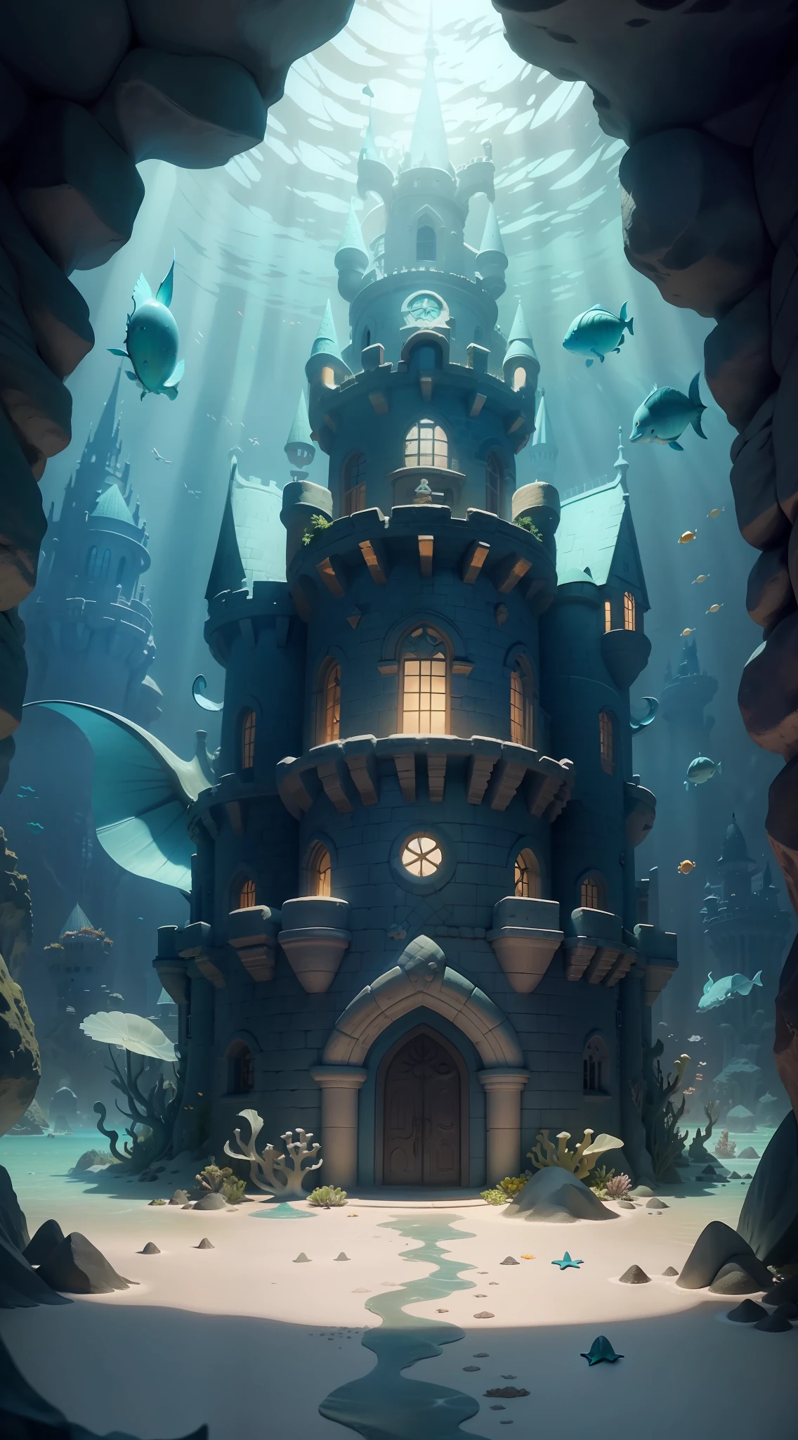 "(Triton's Castle under the sea:1.2) Mellow pastel tones, stunning ray tracing effects, impeccable shadows and lighting, adorable fish creatures surrounding the castle."
