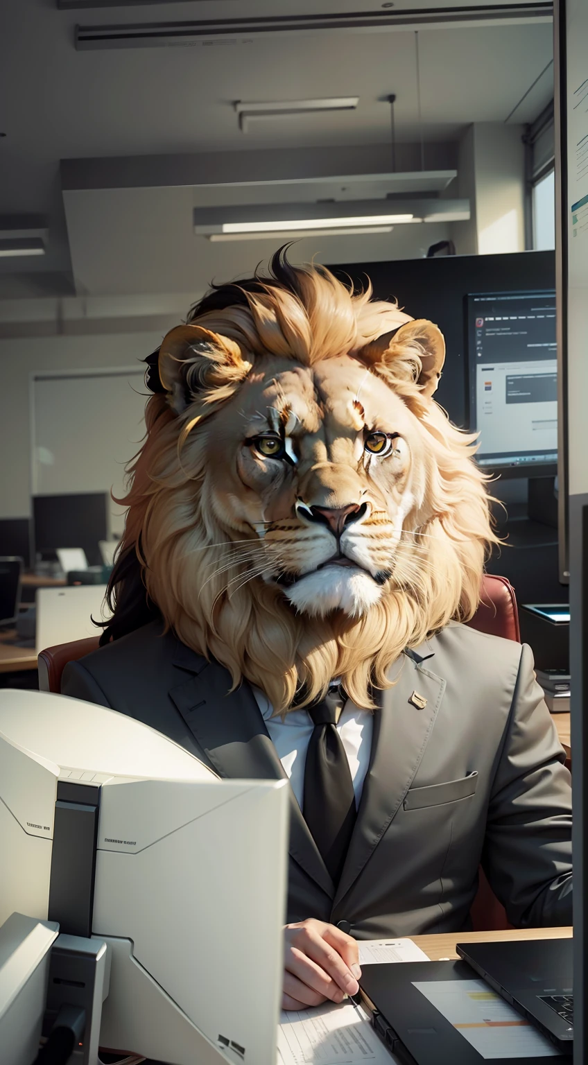 Lion in suit sitting in office，hyper HD，Masterpiece level，precision，clear skin texture，high detal，Best picture quality，high qulity，A high resolution。